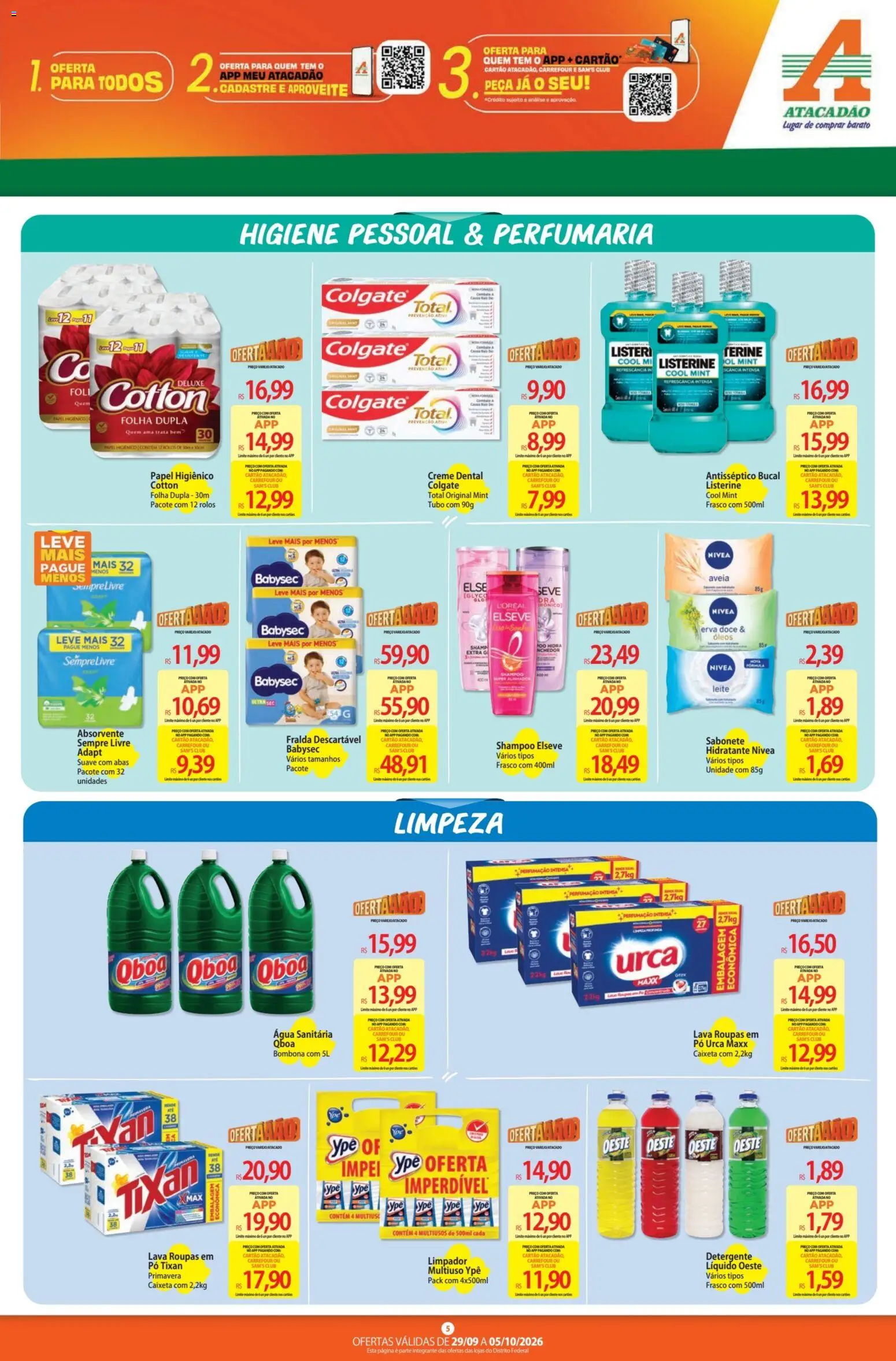 Atacadão Folheto - válido de 29/09/2026 | Página: 5 | Produtos: Detergente, Leite, Listerine, Água sanitária