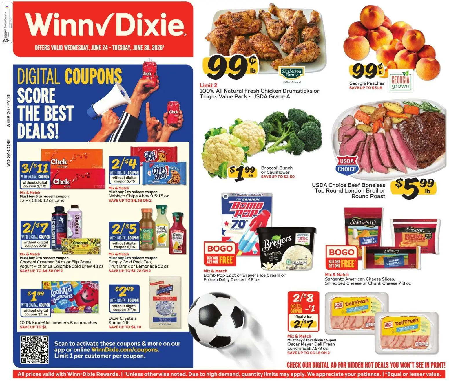 Winn Dixie Weekly Ad - valid from 06/24/2026 | Page: 1 | Products: Peaches, Coffee, Ice cream, Cauliflower