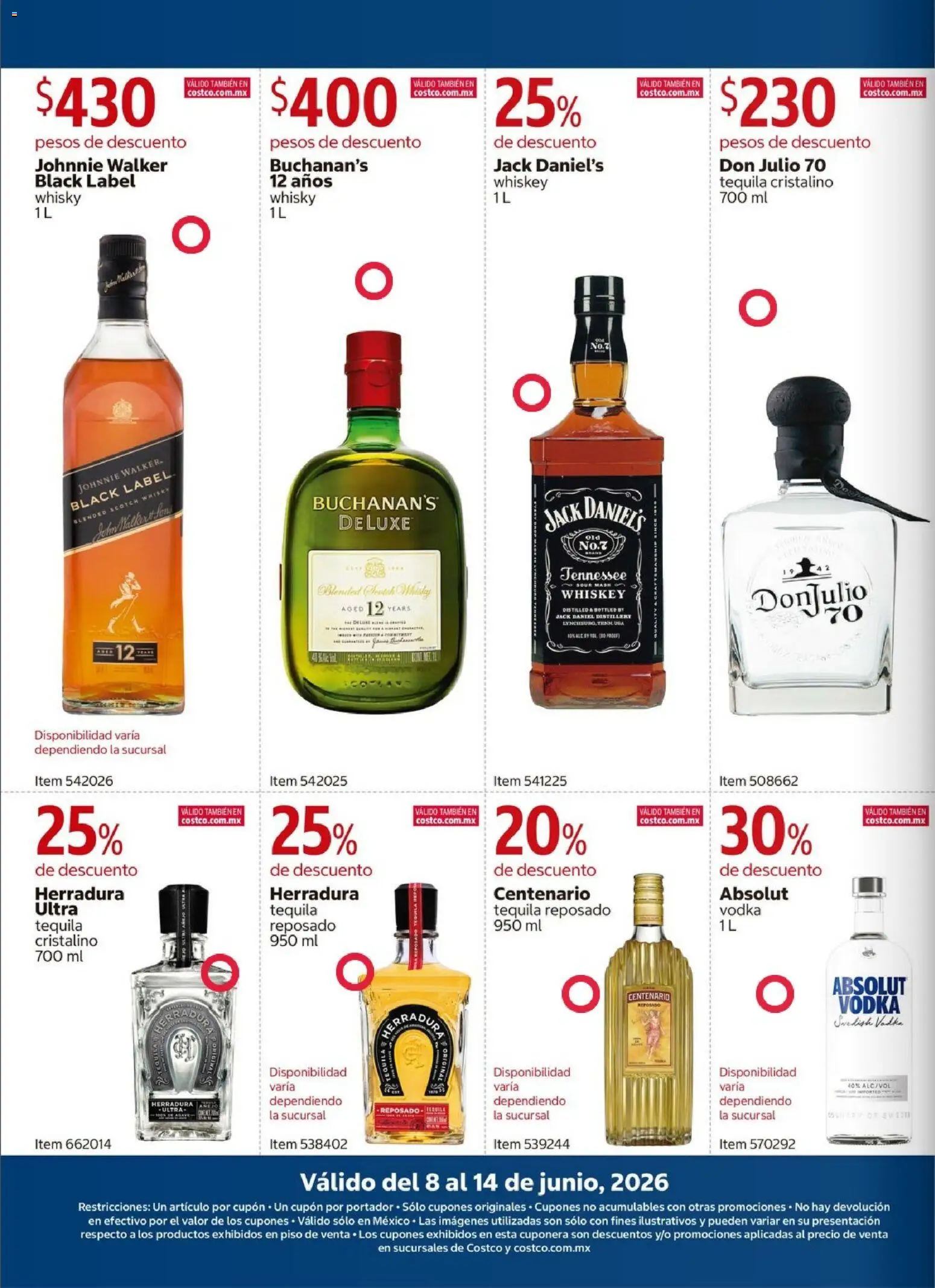 Nuevas ofertas de Costco válidas en toda la República Mexicana desde el 08.06.2026. ¡Encuentra las mejores ofertas en Costco catálogo! | Página: 2 | Productos: Whiskey, Tequila, Vodka, Whisky