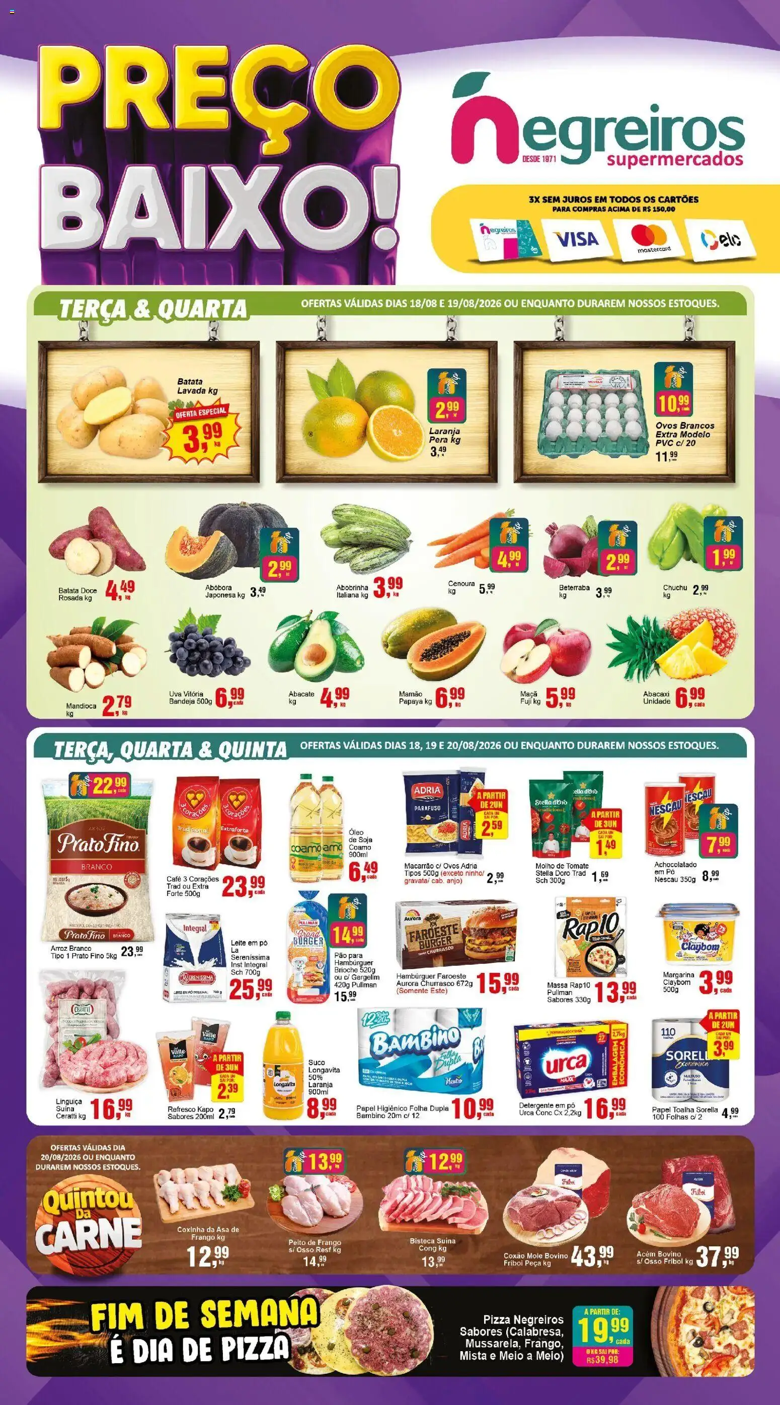 Negreiros Folheto - válido de 18/08/2026 | Página: 1 | Produtos: Mandioca, Arroz, Hambúrguer, Mamão