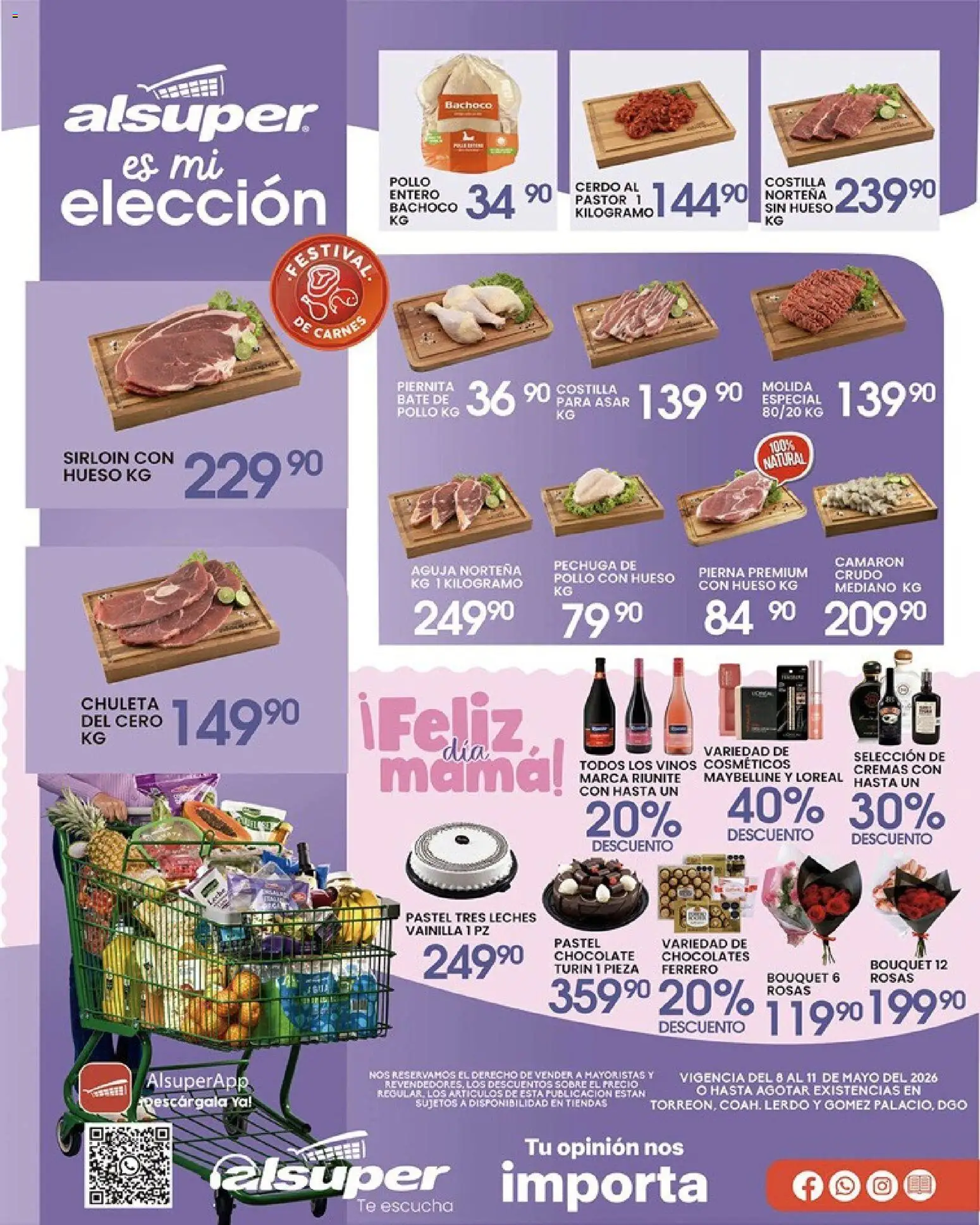 Nuevas ofertas de Alsuper válidas en toda la República Mexicana desde el 08.05.2026. ¡Encuentra las mejores ofertas en Alsuper folleto Torreon! | Página: 1 | Productos: Pastel, Chocolate, Cerdo, Té