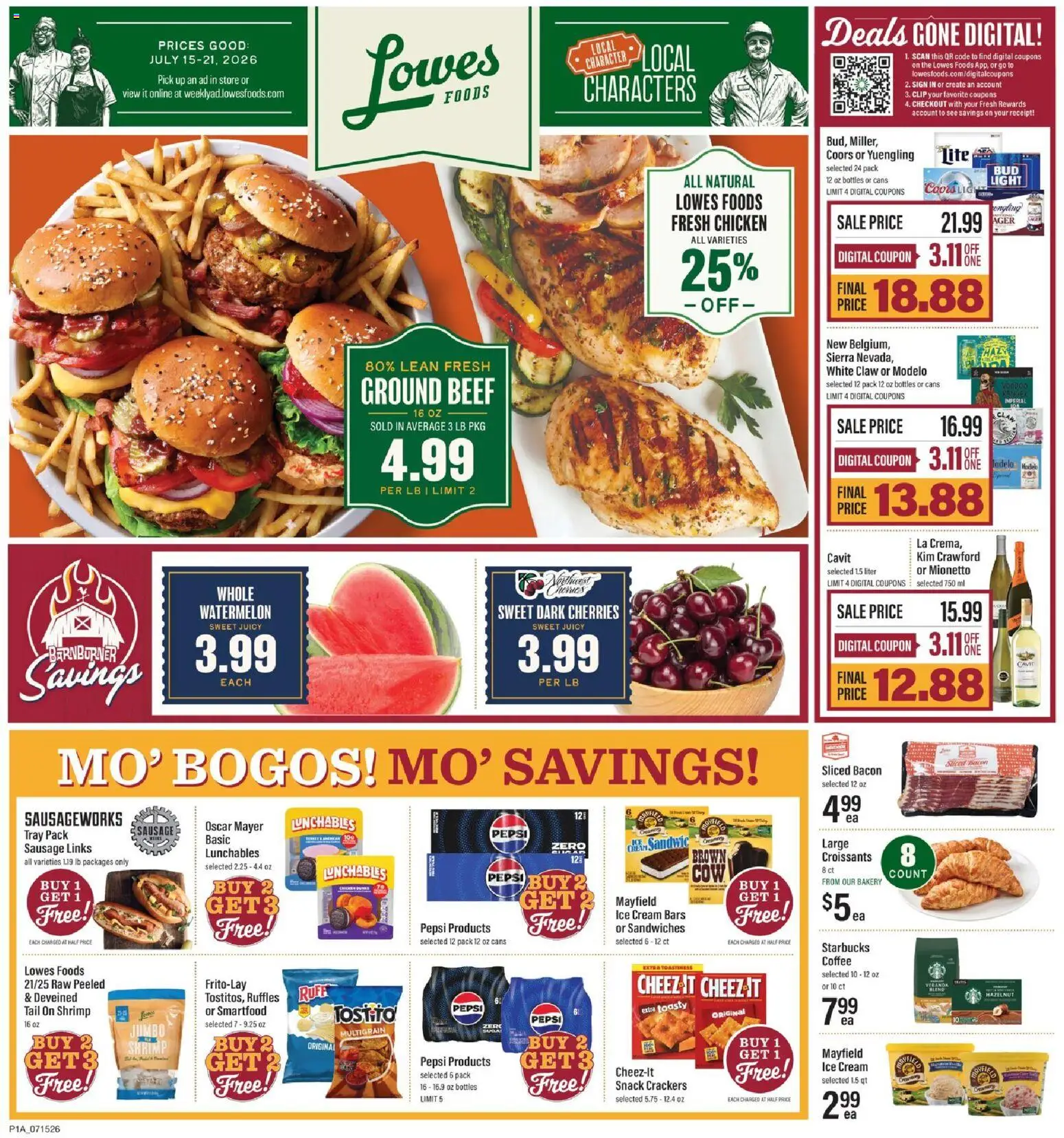 Lowes Foods Weekly Ad - valid from 07/15/2026 | Page: 1 | Products: Cream, Ice cream, Croissants, Watermelon