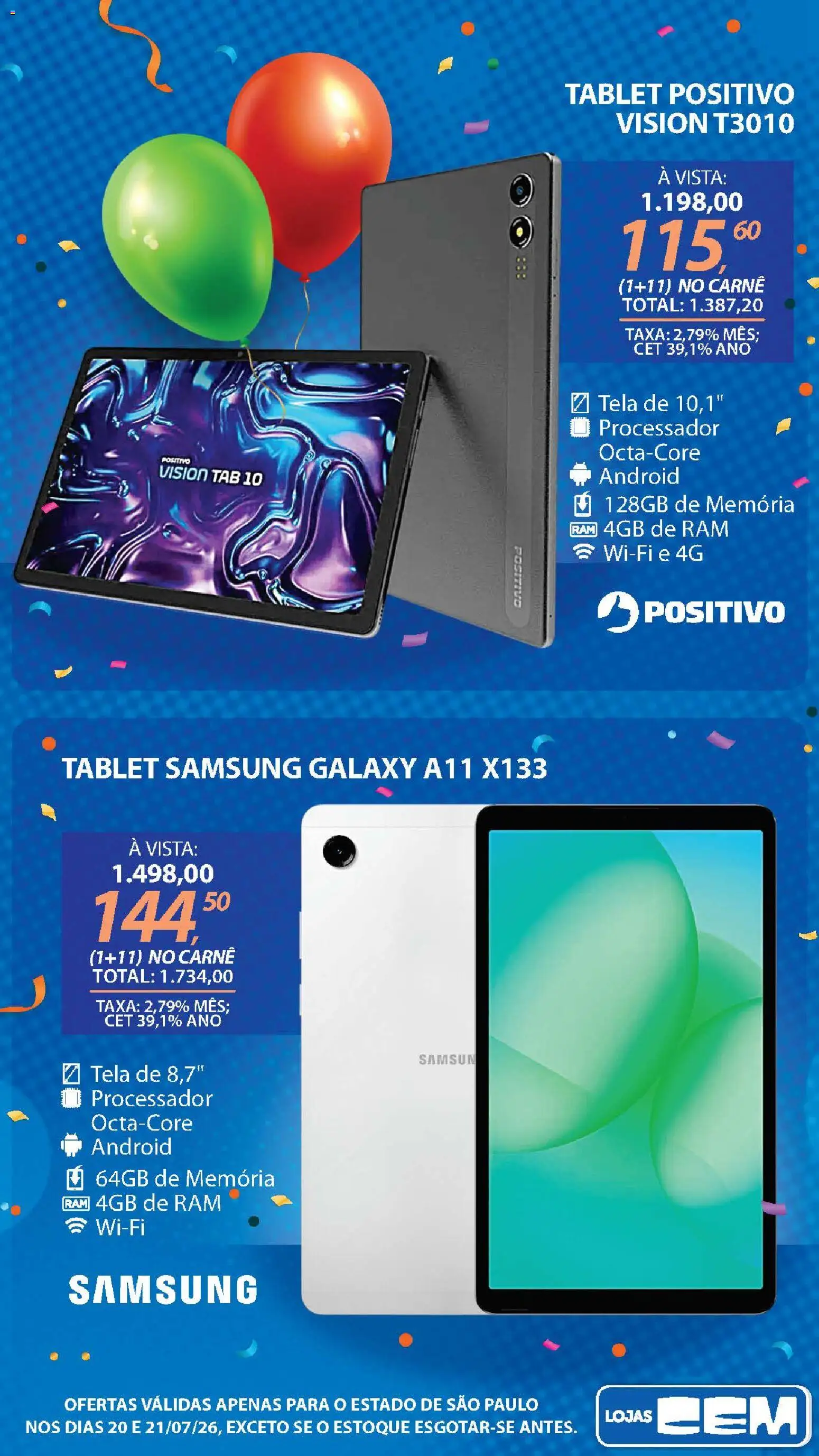 Lojas Cem Folheto - válido de 20/07/2026 | Página: 12 | Produtos: Tablet, Memória ram, Processador, Tela