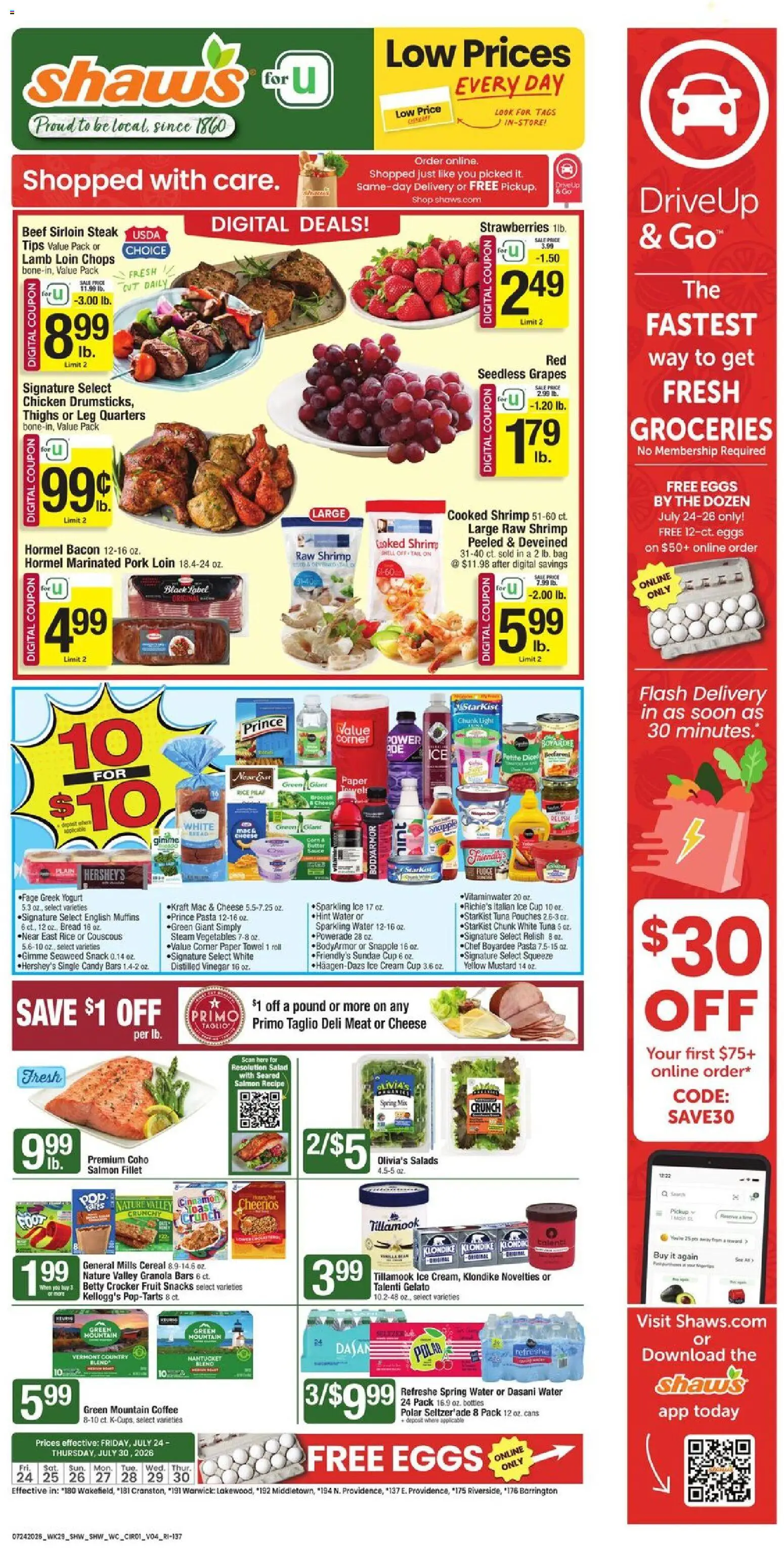 Shaw's Weekly Ad - RI - valid from 07/24/2026 | Page: 1 | Products: Rice, Beef, Vegetables, Bag