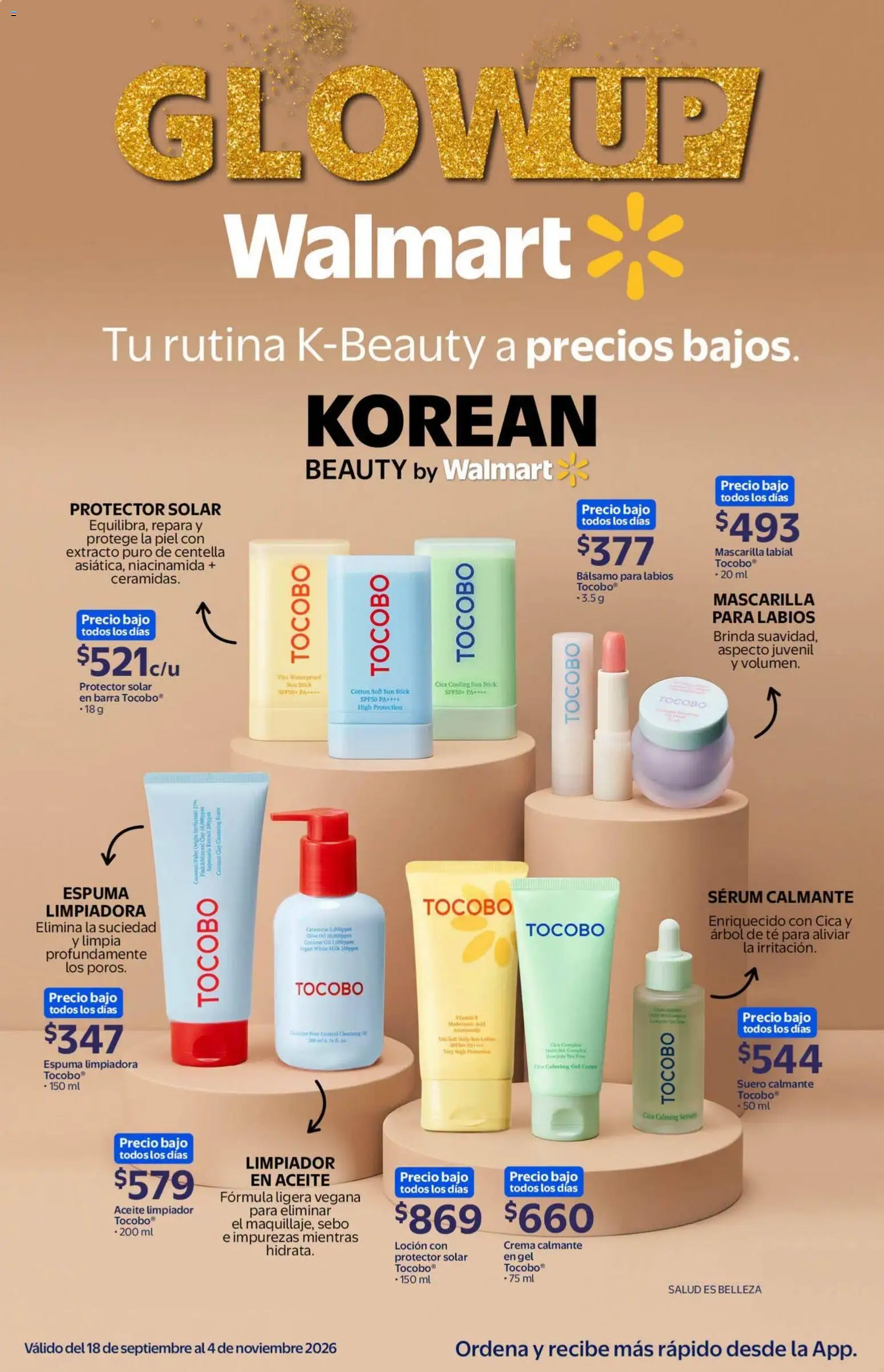 Nuevas ofertas de Walmart válidas en toda la República Mexicana desde el 18/09/2026. ¡Encuentra las mejores ofertas en Walmart folleto Tu rutina K-Beauty a precios bajos.! | Página: 1 | Productos: Serum, Loción, Bálsamo, Té