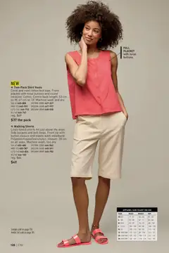 Preview of Walking Shorts, Linen-blend shorts hit just above the knee. Side pockets and belt loops. Front zip with button closure and elastic back waistband. Polyester/rayon/linen/nylon. Inseam: 28 cm on all sizes. Machine wash, line dry. from shop Avon valid from 07.05.2026 | Page: 126 | Products: Sandals, Belt, Shirt, Shorts