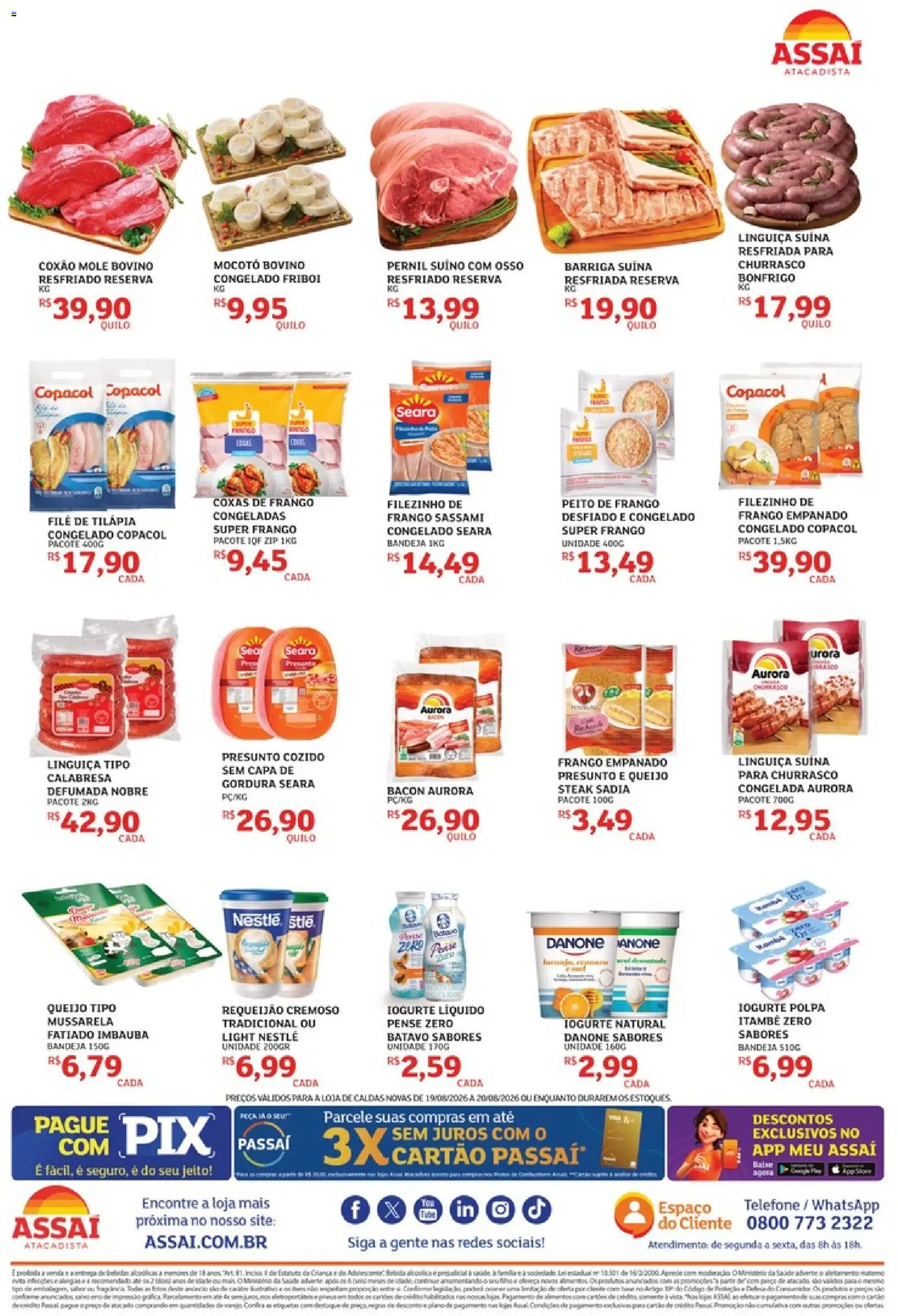Assaí Atacadista Folheto - válido de 19/08/2026 | Página: 2 | Produtos: Coxão mole, Tilápia, Presunto, Peito de frango
