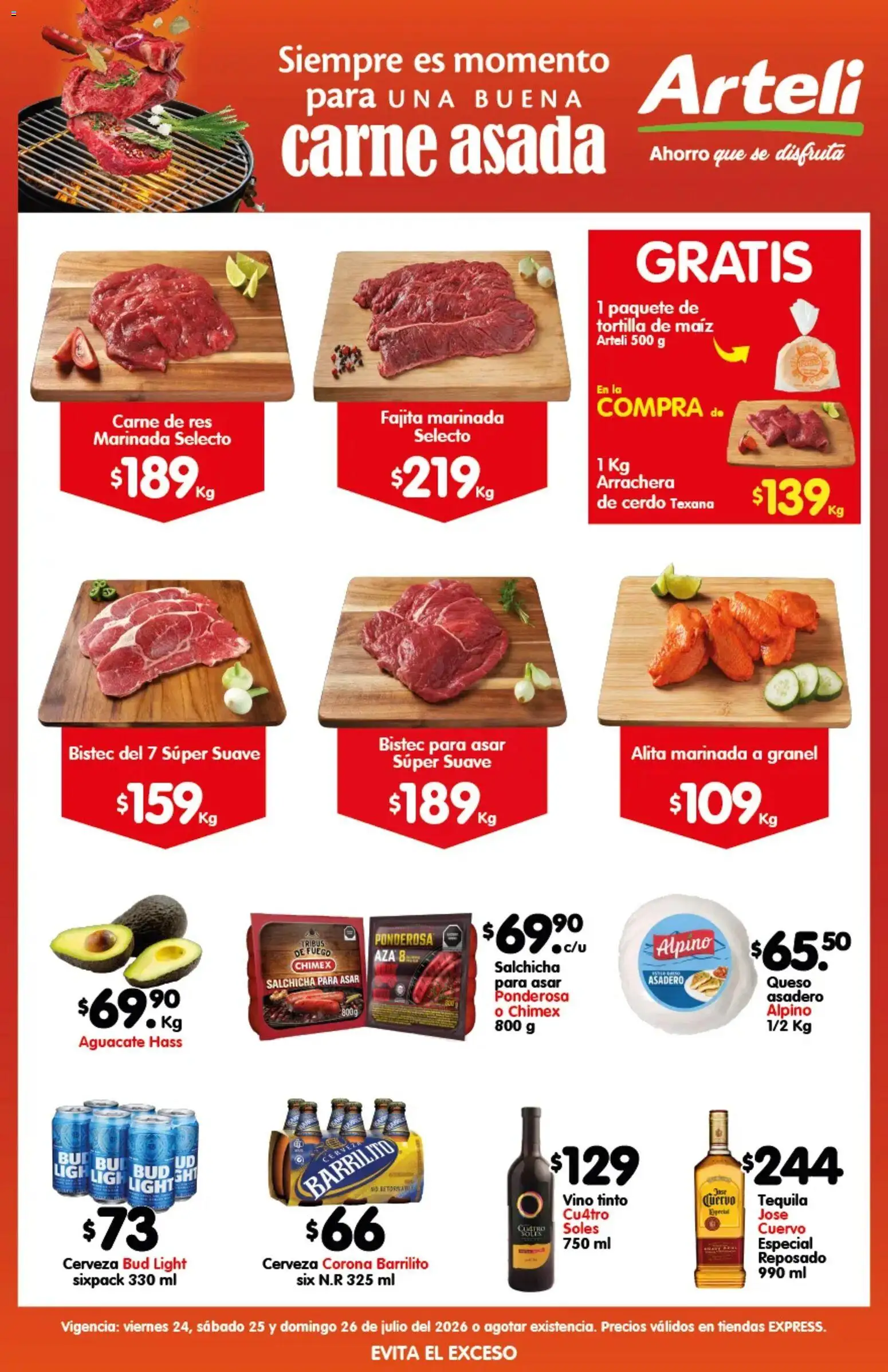 Nuevas ofertas de Arteli válidas en toda la República Mexicana desde el 24/07/2026. ¡Encuentra las mejores ofertas en Arteli folleto Carne Express! | Página: 1 | Productos: Maíz, Cerveza, Res, Tequila