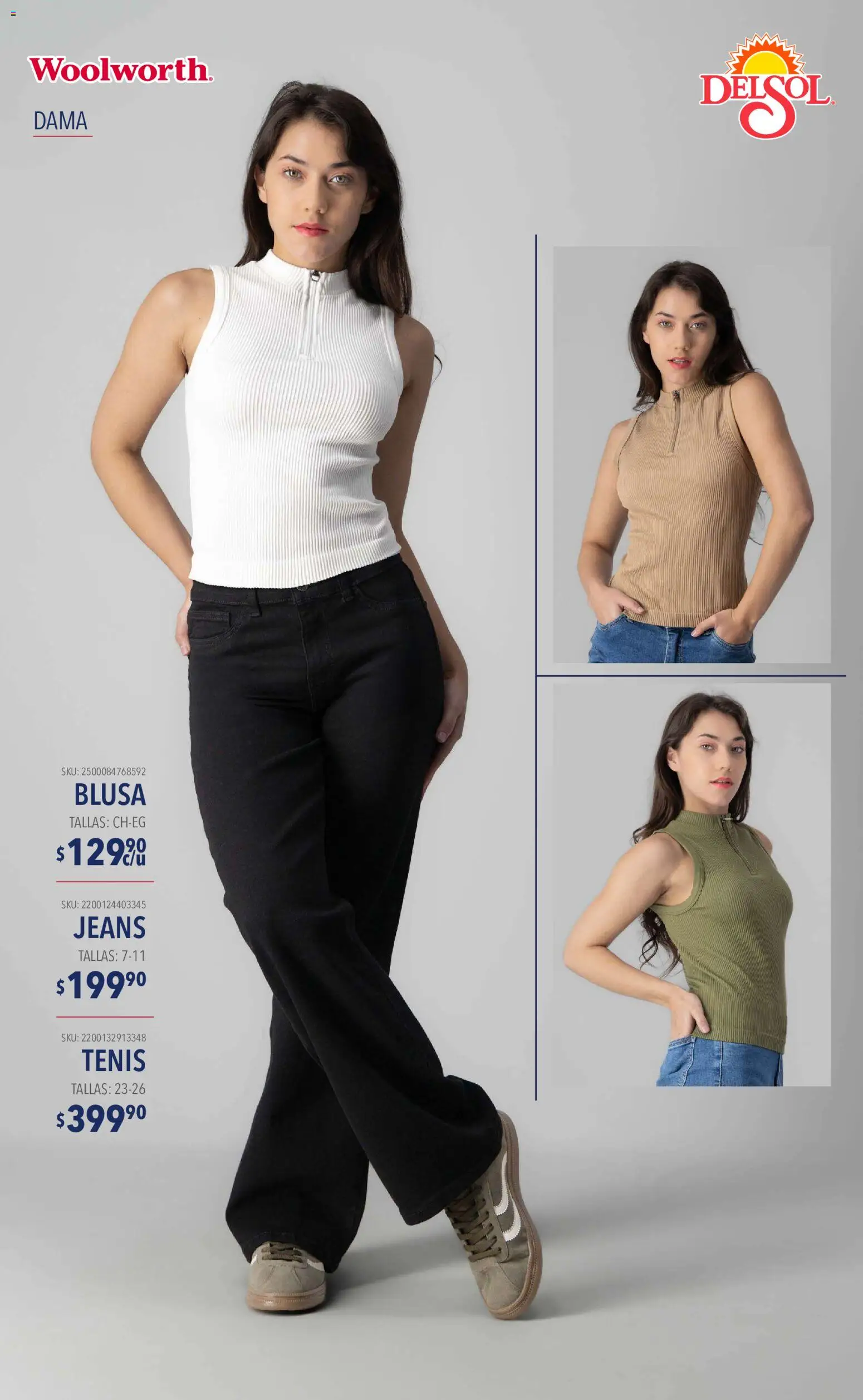 Nuevas ofertas de Del Sol y Woolworth válidas en toda la República Mexicana desde el 10/09/2026. ¡Encuentra las mejores ofertas en Del Sol y Woolworth catálogo Moda Esenciales! | Página: 6 | Productos: Blusa, Tenis