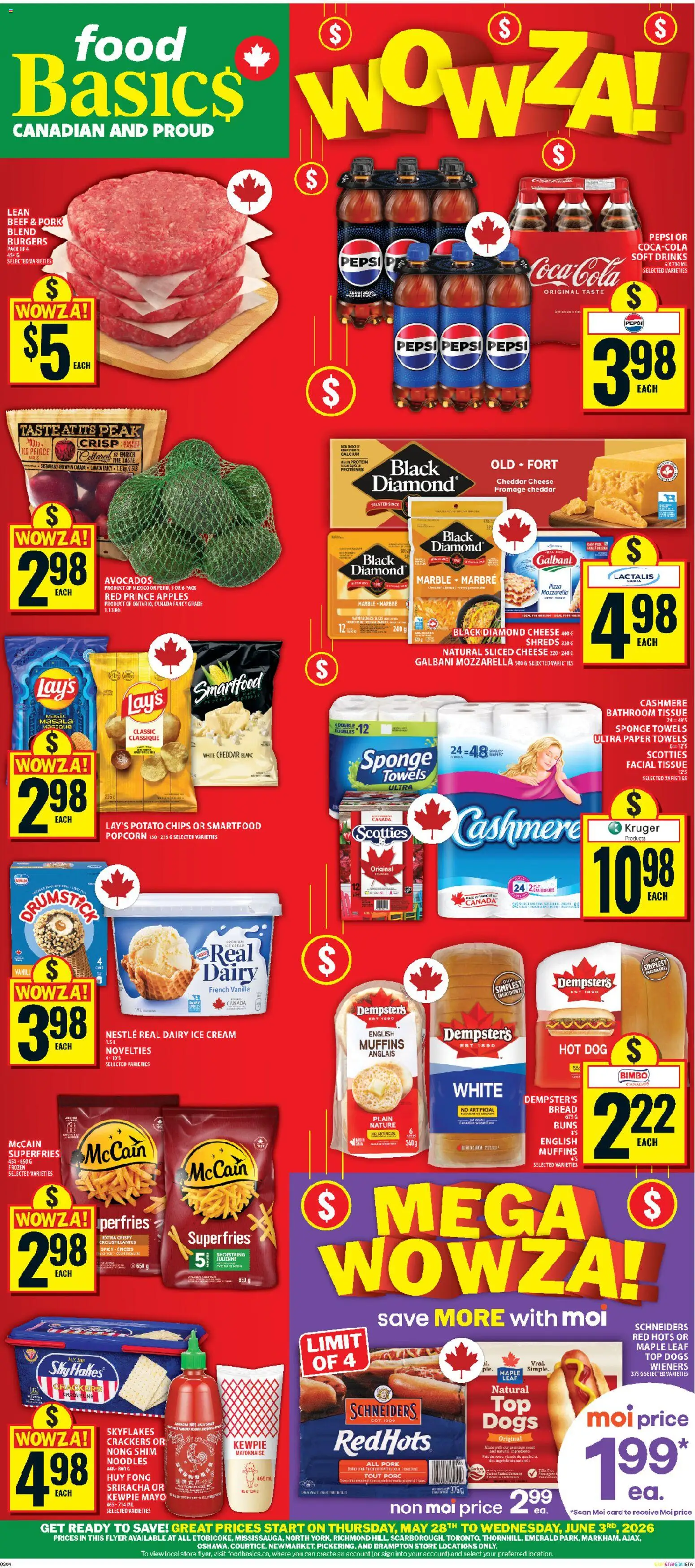Food Basics flyer valid from 28.05.2026 | Page: 1 | Products: Noodles, Beef, Ice cream, Sponge
