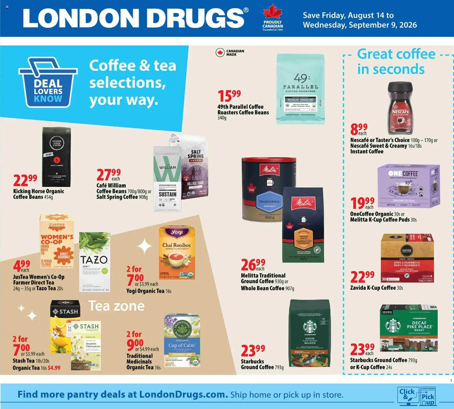 London Drugs flyer valid from Aug 14, 2026 | Page: 1 | Products: Tea, Herbal tea, Coffee beans, Salt