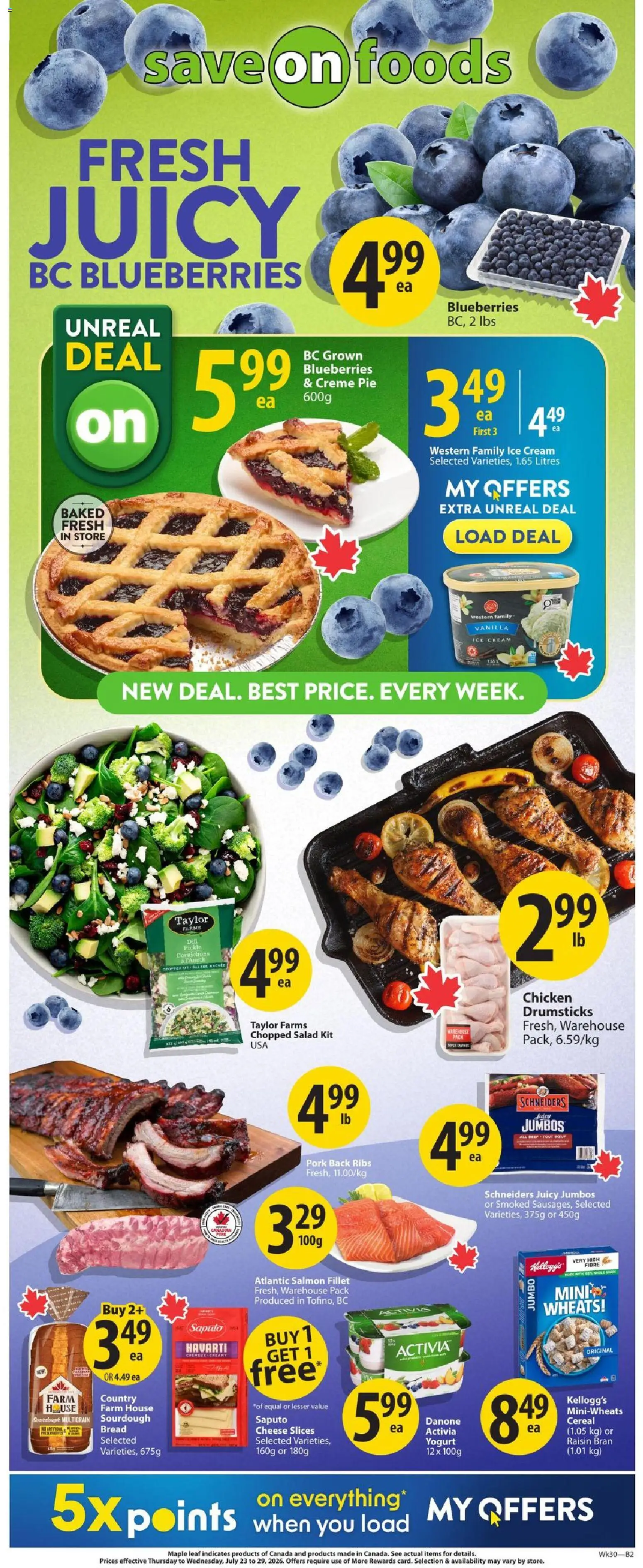 Save on foods flyer valid from Jul 23, 2026 | Page: 1 | Products: Cream, Chicken drumsticks, Cheese, Chicken