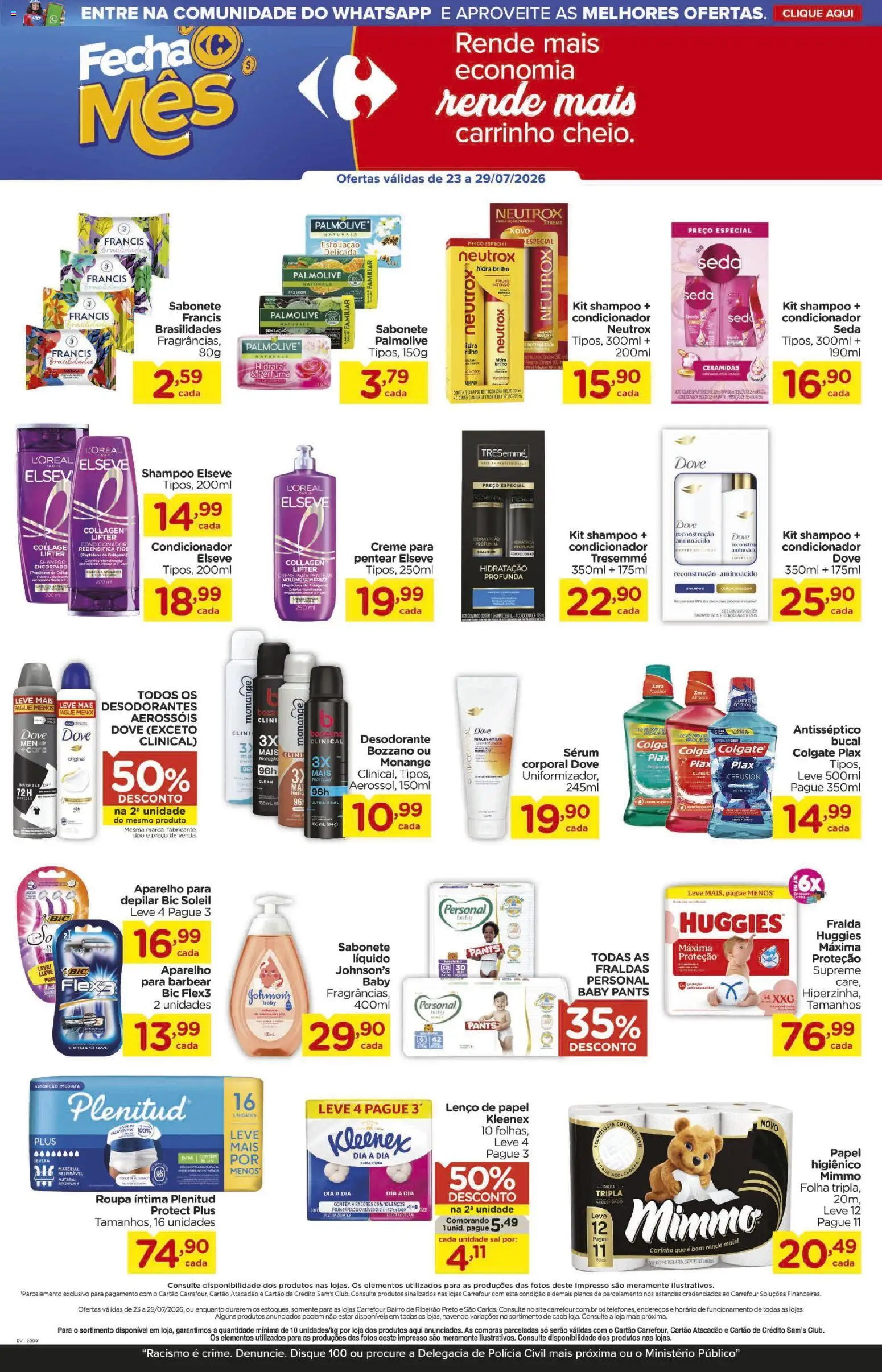 Carrefour Bairro Folheto - válido de 23/07/2026 | Página: 6 | Produtos: Lenço, Sérum, Sabonete, Fraldas