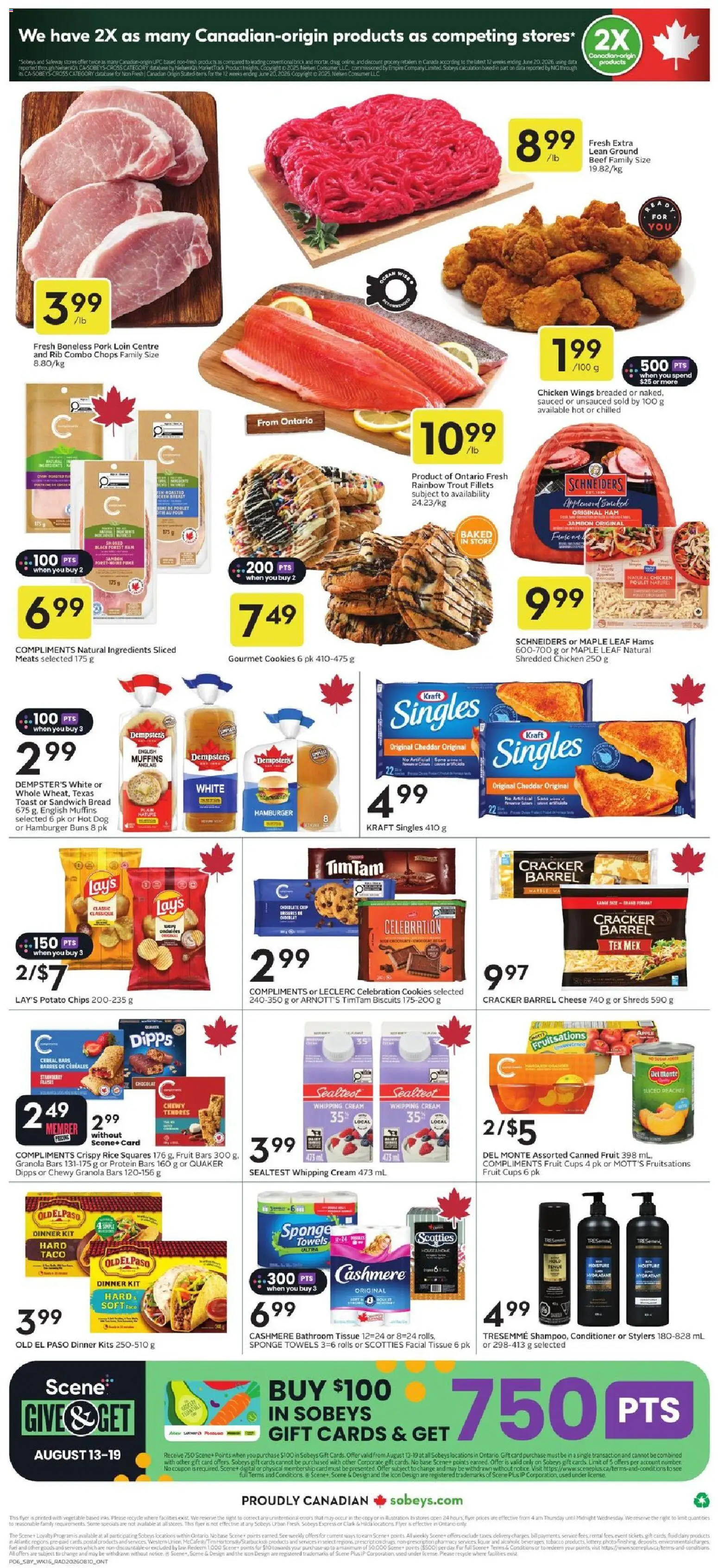 Sobeys flyer valid from Aug 13, 2026 | Page: 4 | Products: Cream, Trout, Towels, Pork