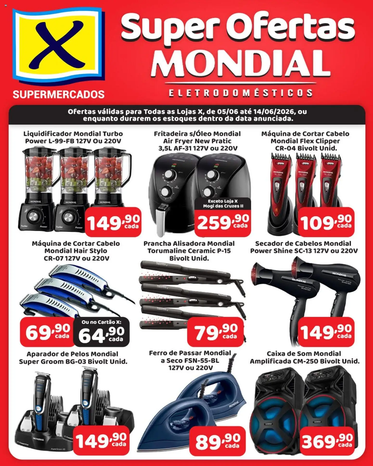 X Supermercados Folheto - válido de 05.06.2026 | Página: 1 | Produtos: Secador, Ferro, Caixa de som, Máquina de cortar cabelo