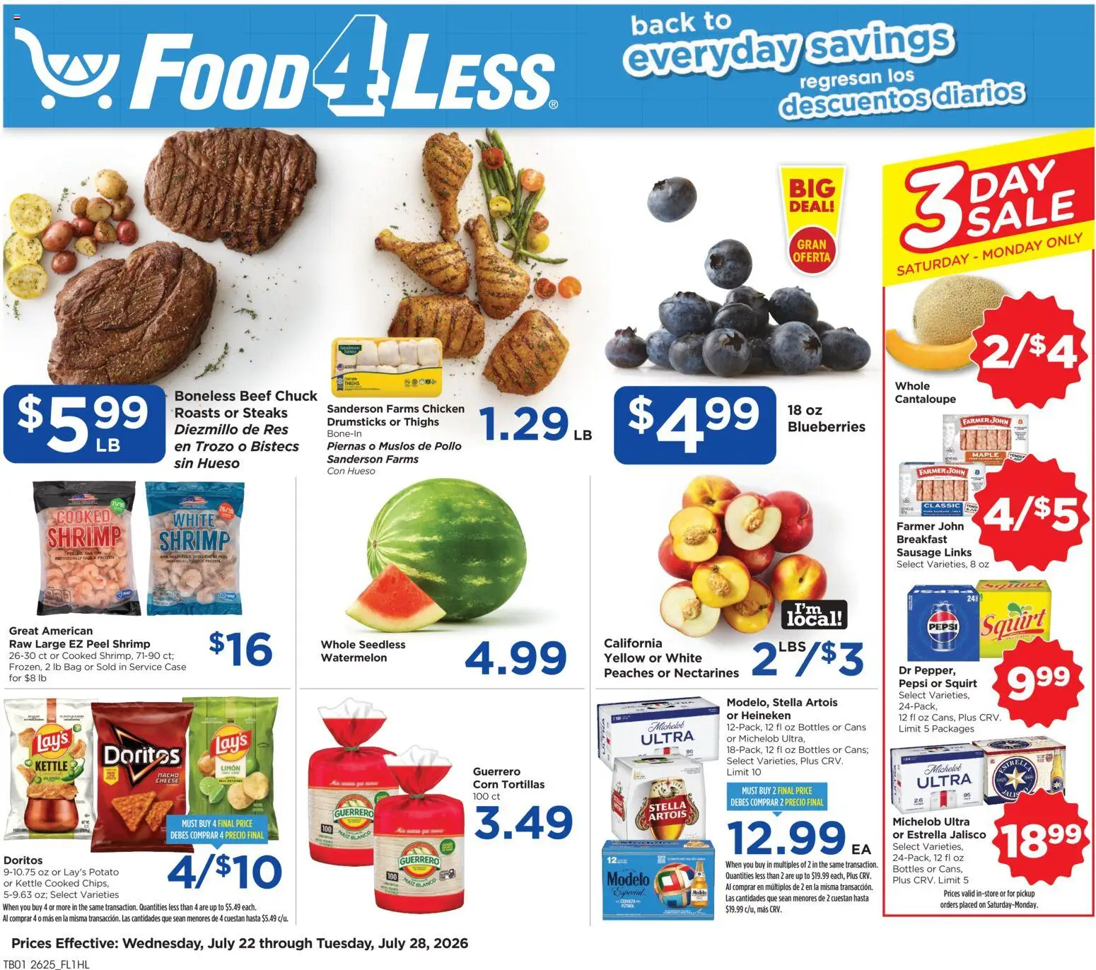 Food 4 Less Weekly Ad - valid from 07/22/2026 | Page: 1 | Products: Corn, Cheese, Blueberries, Kettle