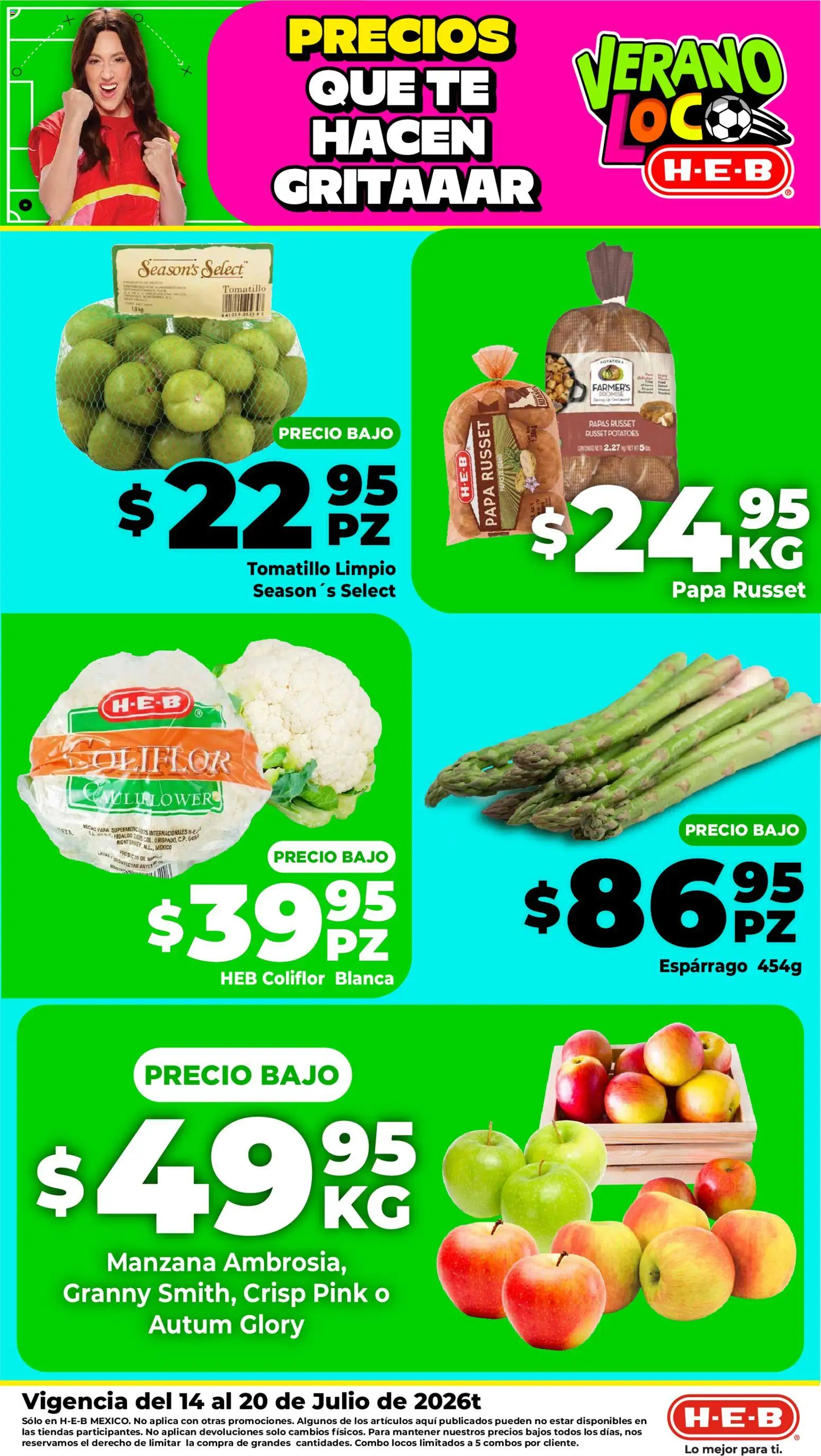Nuevas ofertas de H-E-B válidas en toda la República Mexicana desde el 14/07/2026. ¡Encuentra las mejores ofertas en H-E-B folleto Fruta y venduras! | Página: 2 | Productos: Papa, Coliflor, Manzana, Té