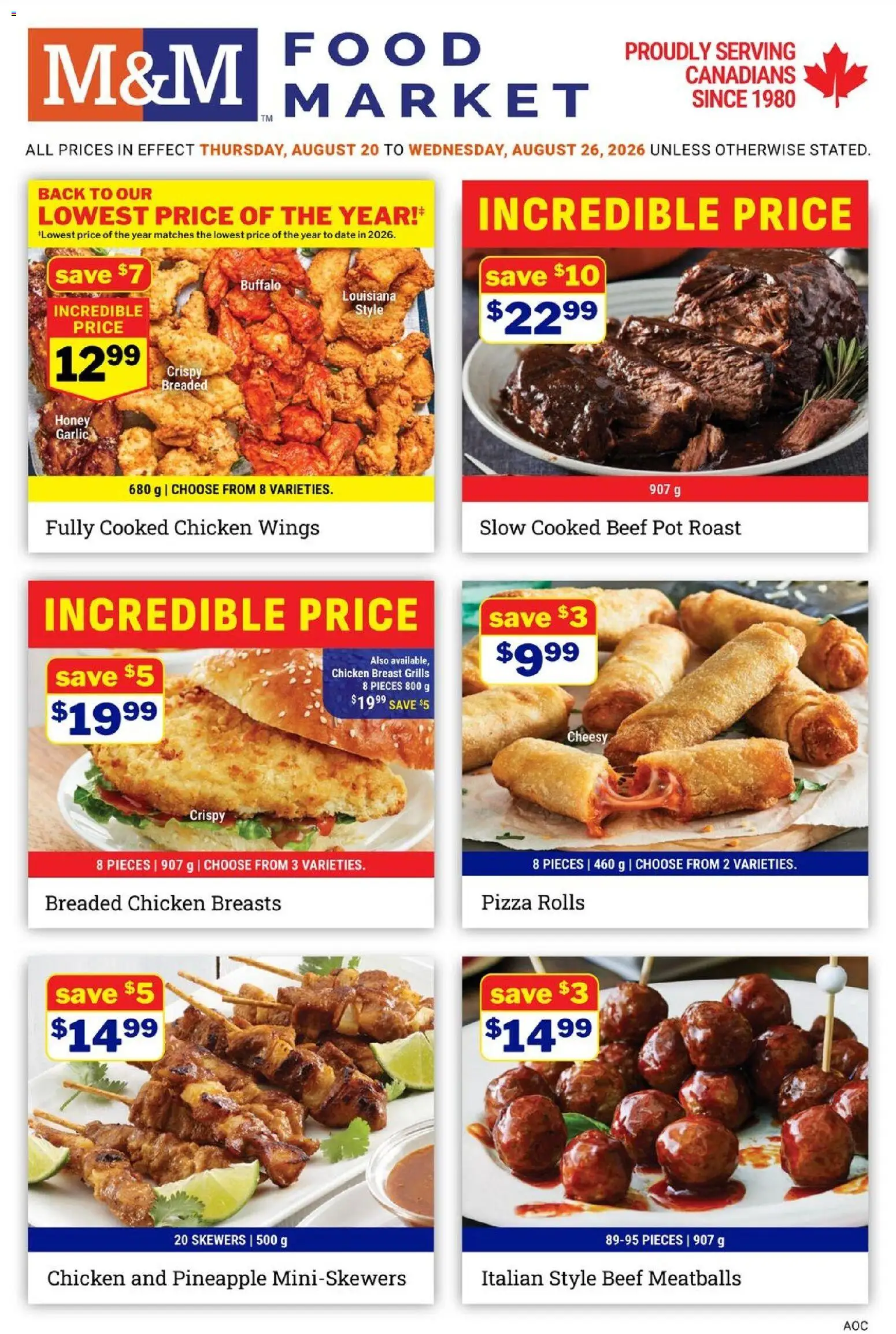 M&M Food Market flyer valid from Aug 20, 2026 | Page: 1 | Products: Chicken wings, Honey, Pizza, Chicken