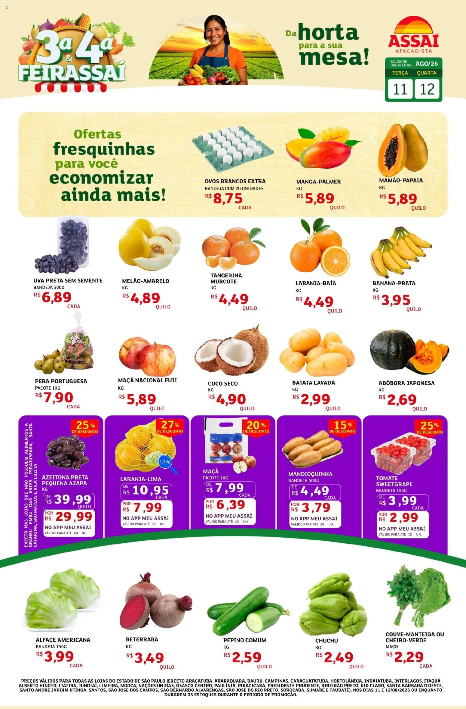 Assaí Atacadista Folheto - válido de 11/08/2026 | Página: 1 | Produtos: Pera, Mandioquinha, Alface americana, Alimentos