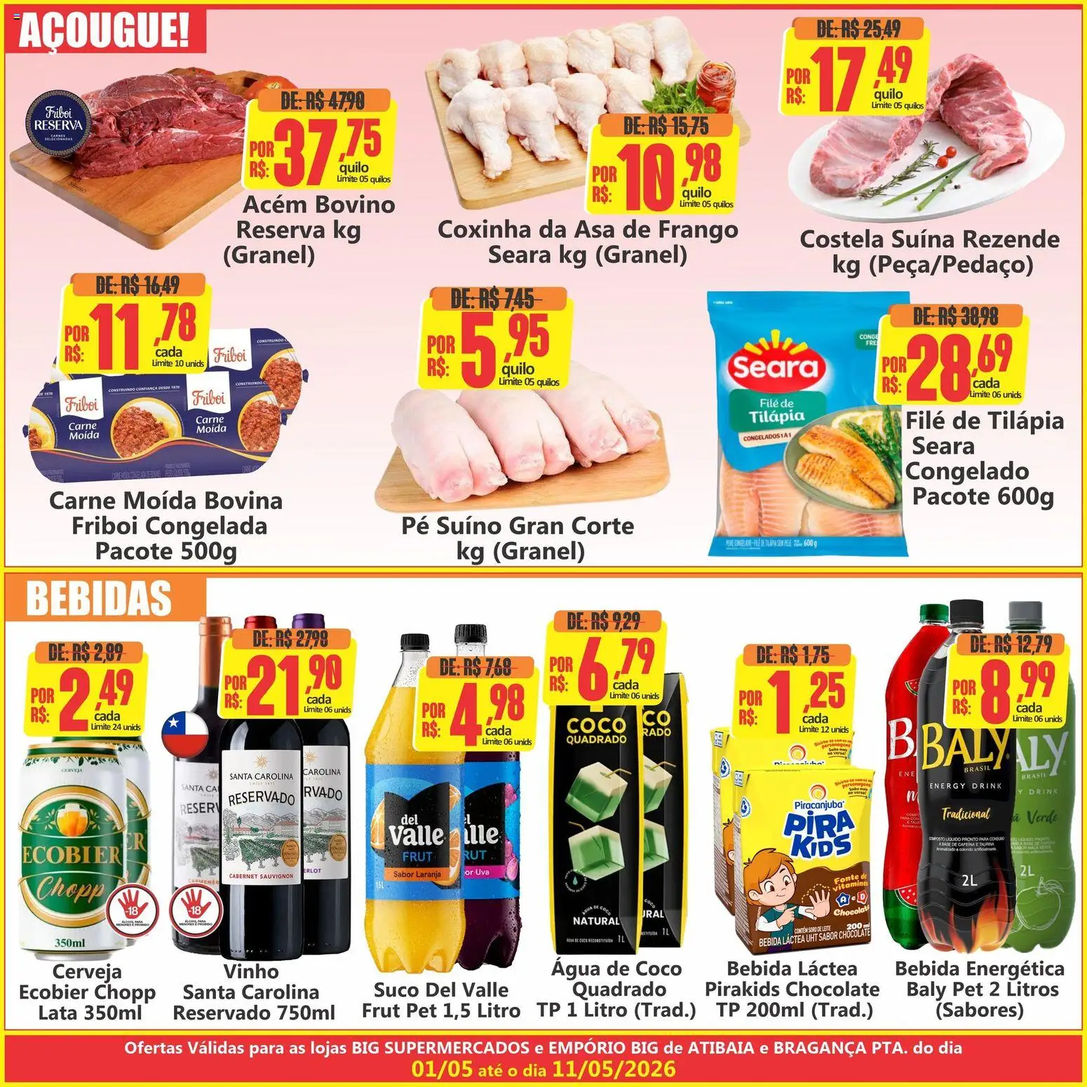 Big Supermercados Folheto - válido de 01.05.2026 | Página: 3 | Produtos: Água de coco, Bebida, Filé de tilápia, Carne moída