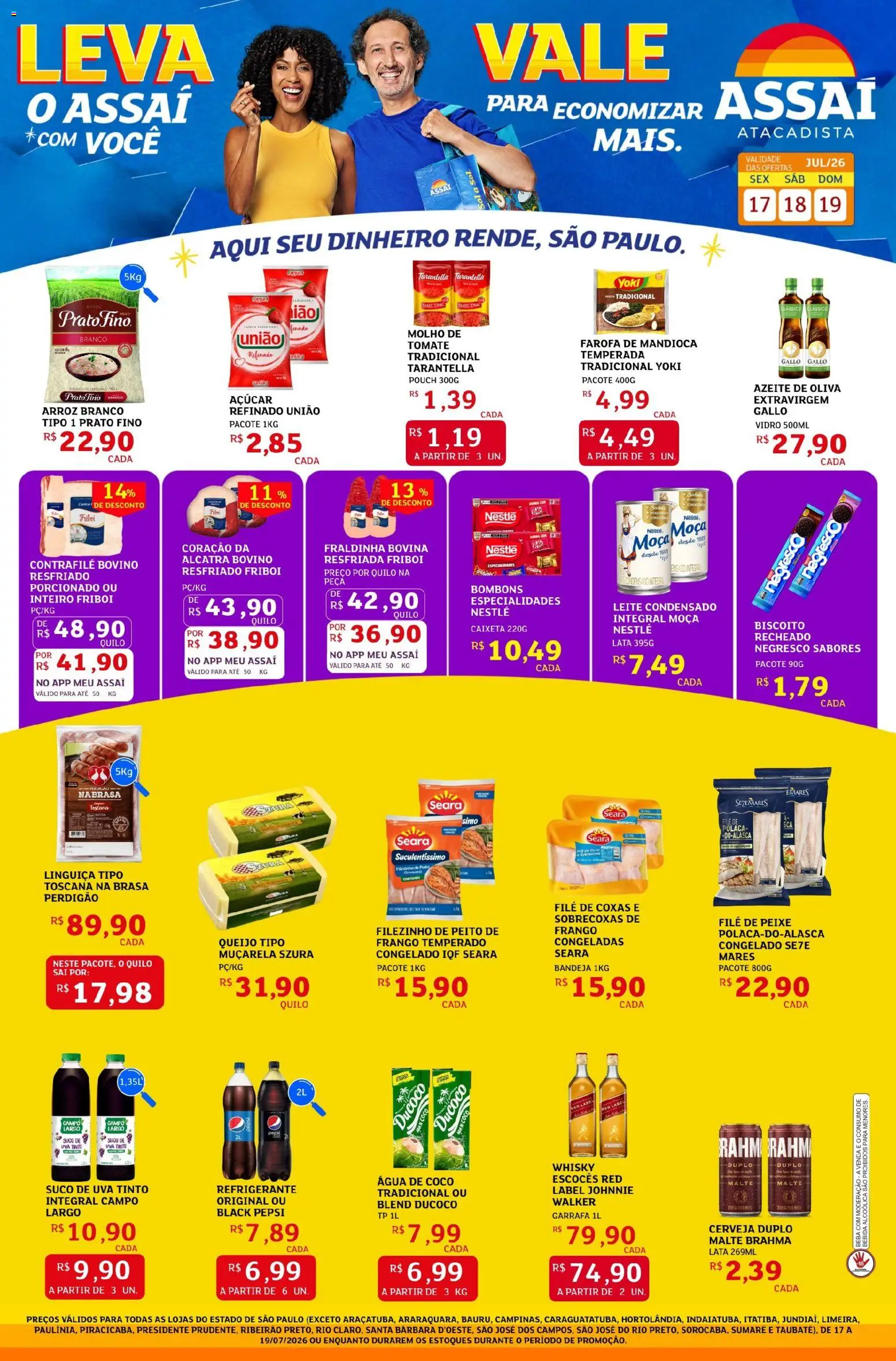 Assaí Atacadista Folheto - válido de 17/07/2026 | Página: 1 | Produtos: Biscoito, Fraldinha, Muçarela, Bebida