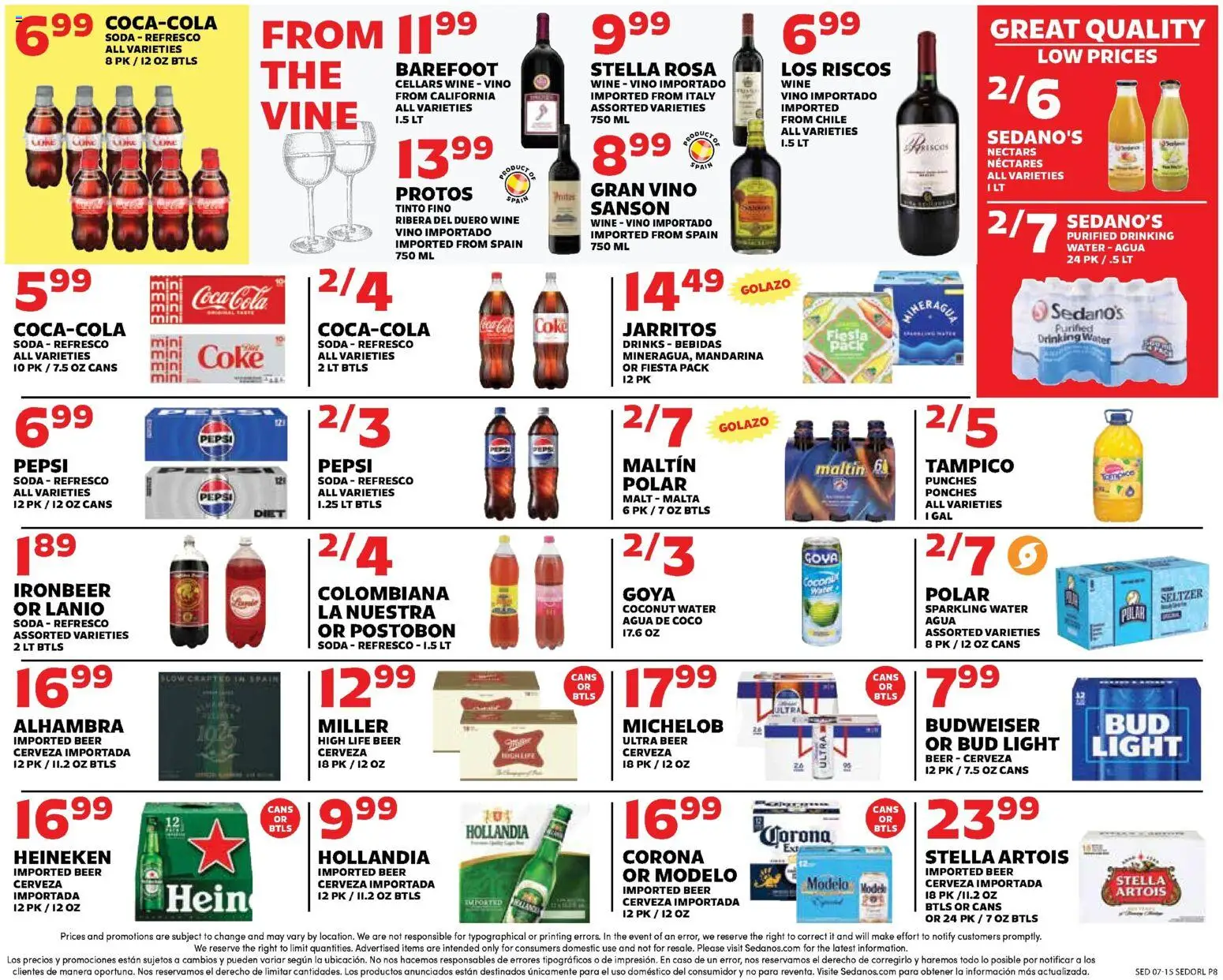 Sedano's Weekly Ad - valid from 07/15/2026 | Page: 8 | Products: Wine, Beer, Water