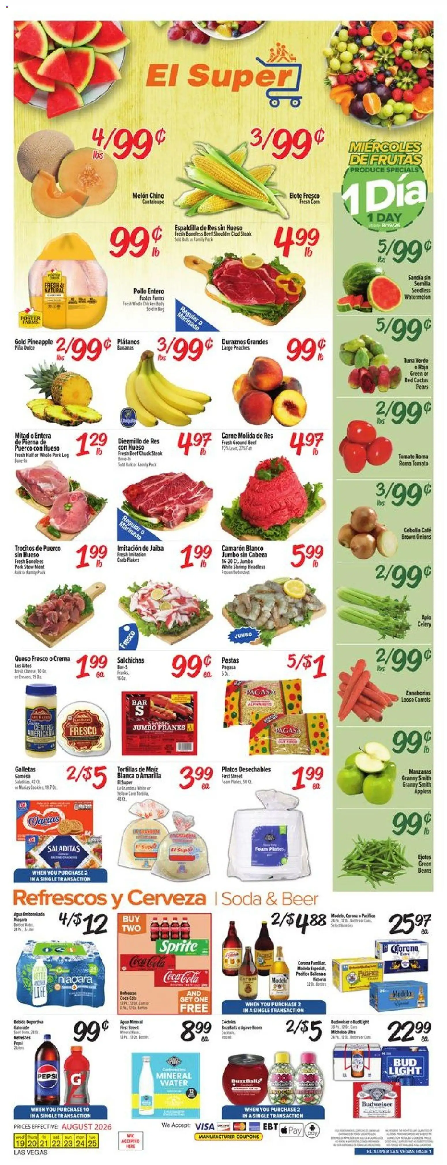 El Super Weekly Ad - NV - valid from 08/19/2026 | Page: 1 | Products: Bananas, Beef, Ground beef, Pears