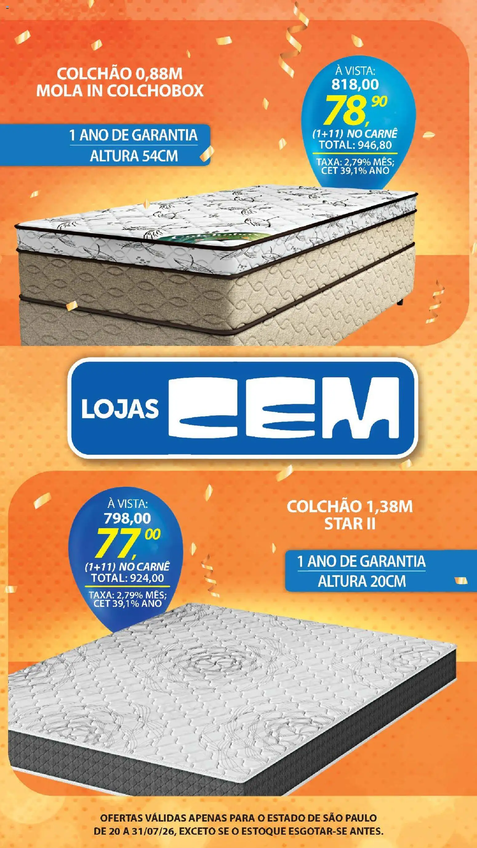 Lojas Cem Folheto - válido de 20/07/2026 | Página: 100 | Produtos: Colchão, Carne