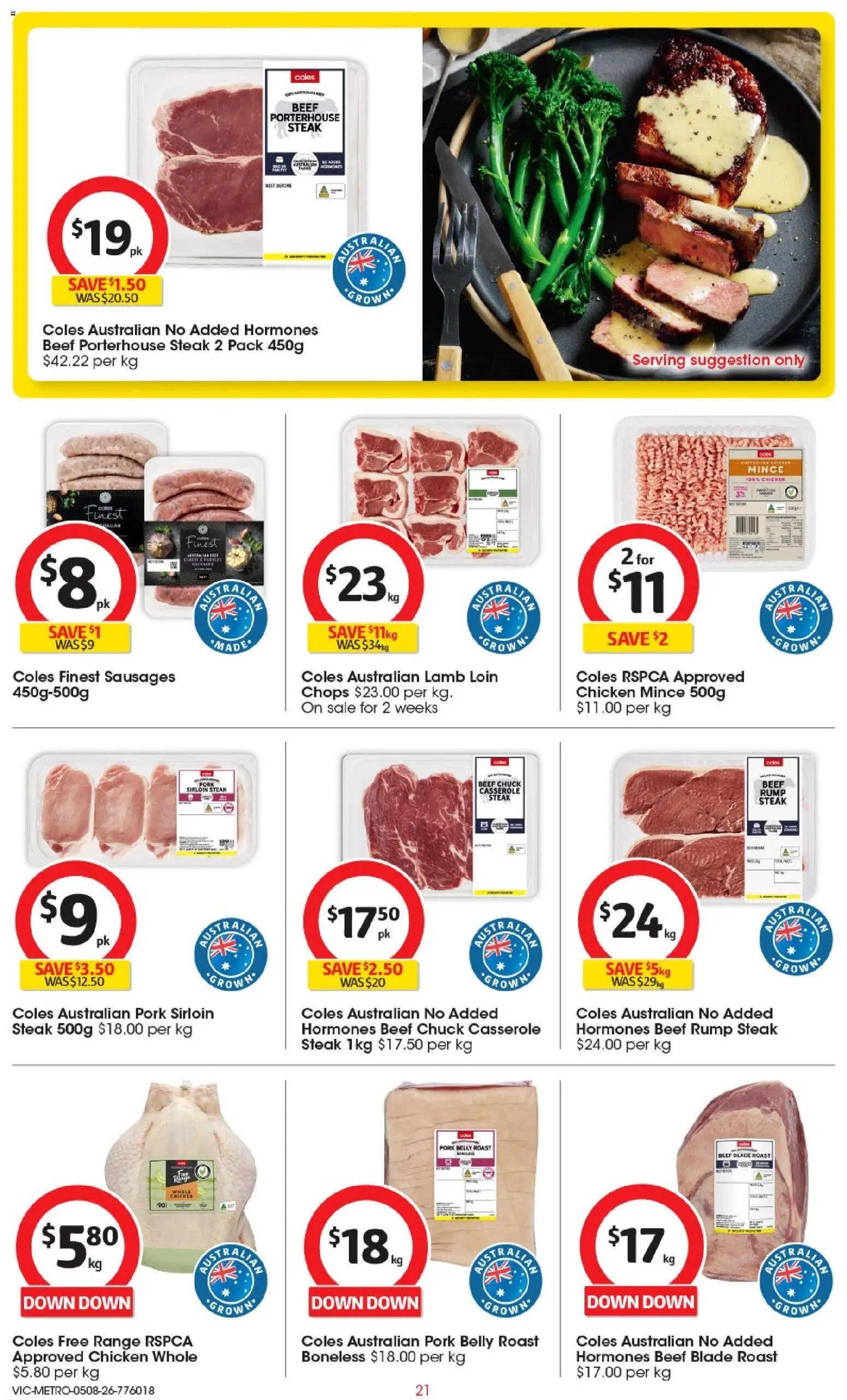 Coles catalogue - valid from 05/08/2026 | Page: 21 | Products: Chicken, Pork, Lamb, Steak