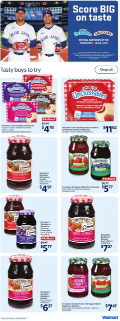 Preview of Smucker's Double Fruit or No Sugar Added Raspberry Spreads, Smucker's Double Fruit or No Sugar Added Raspberry Spreads. Each. Selected varieties. 310 mL - 390 mL. from shop Walmart valid from Sep 3, 2026 | Page: 37