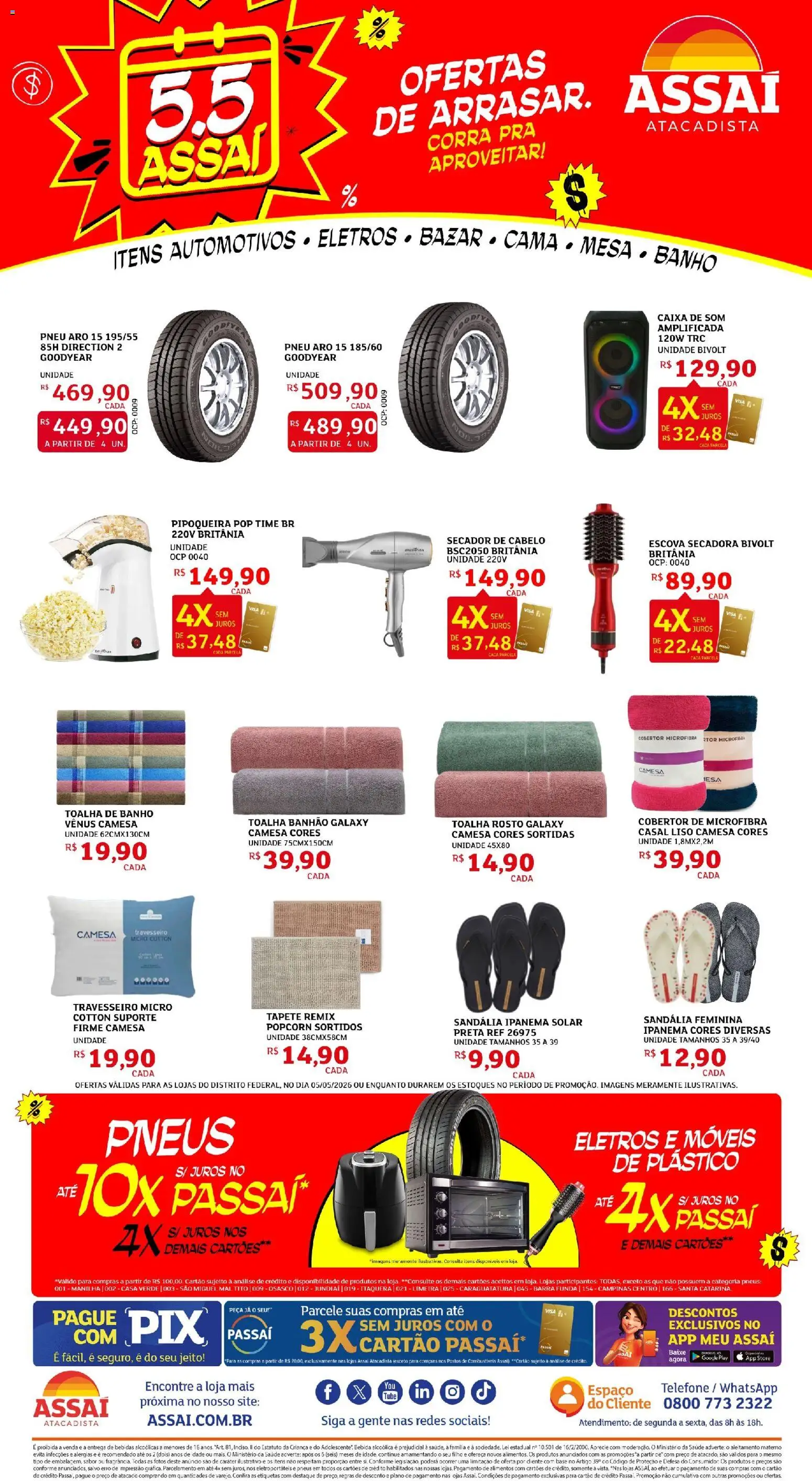 Assaí Atacadista Folheto - válido de 05.05.2026 | Página: 1 | Produtos: Travesseiro, Cobertor, Base, Telefone