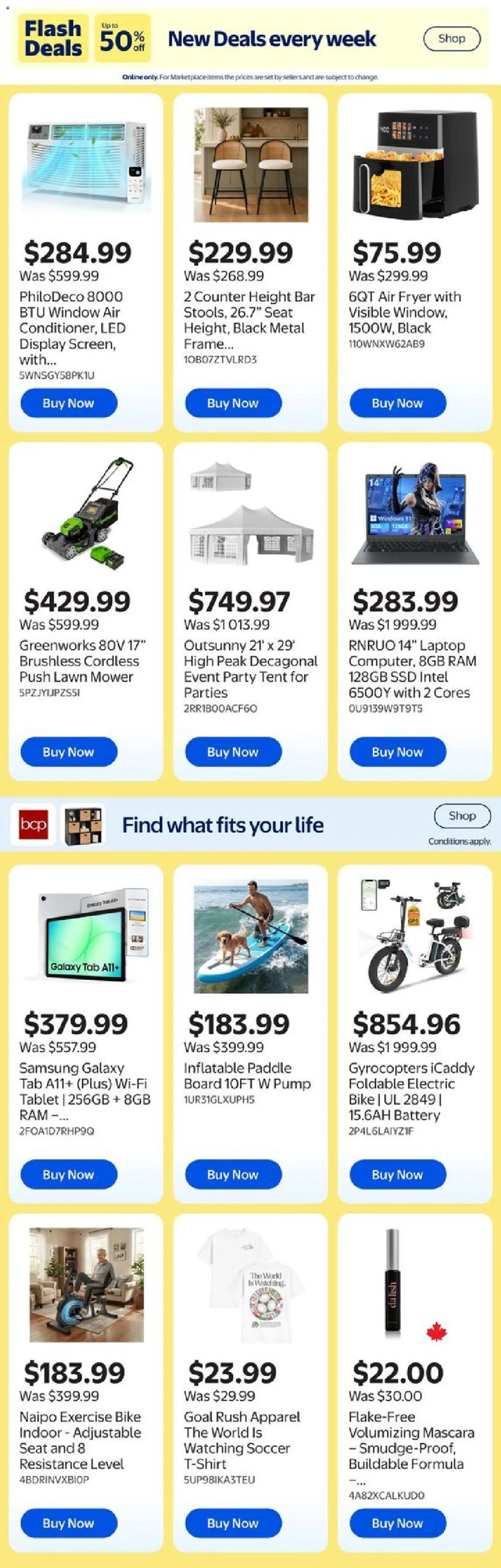 Walmart flyer valid from Jul 9, 2026 | Page: 11 | Products: Computer, Fryer, Mower, Shoes
