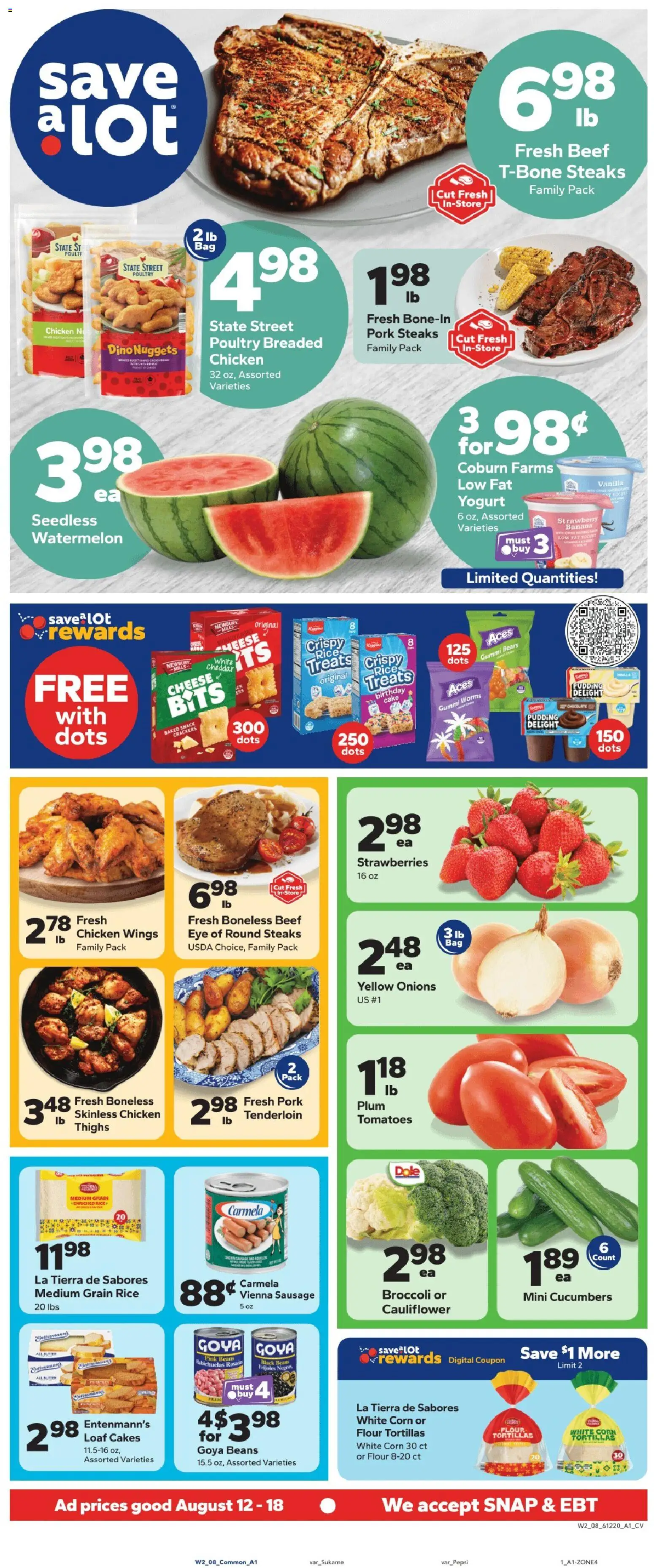 Save a Lot Weekly Ad - valid from 08/12/2026 | Page: 1 | Products: Pork, Cauliflower, Flour, Vanilla