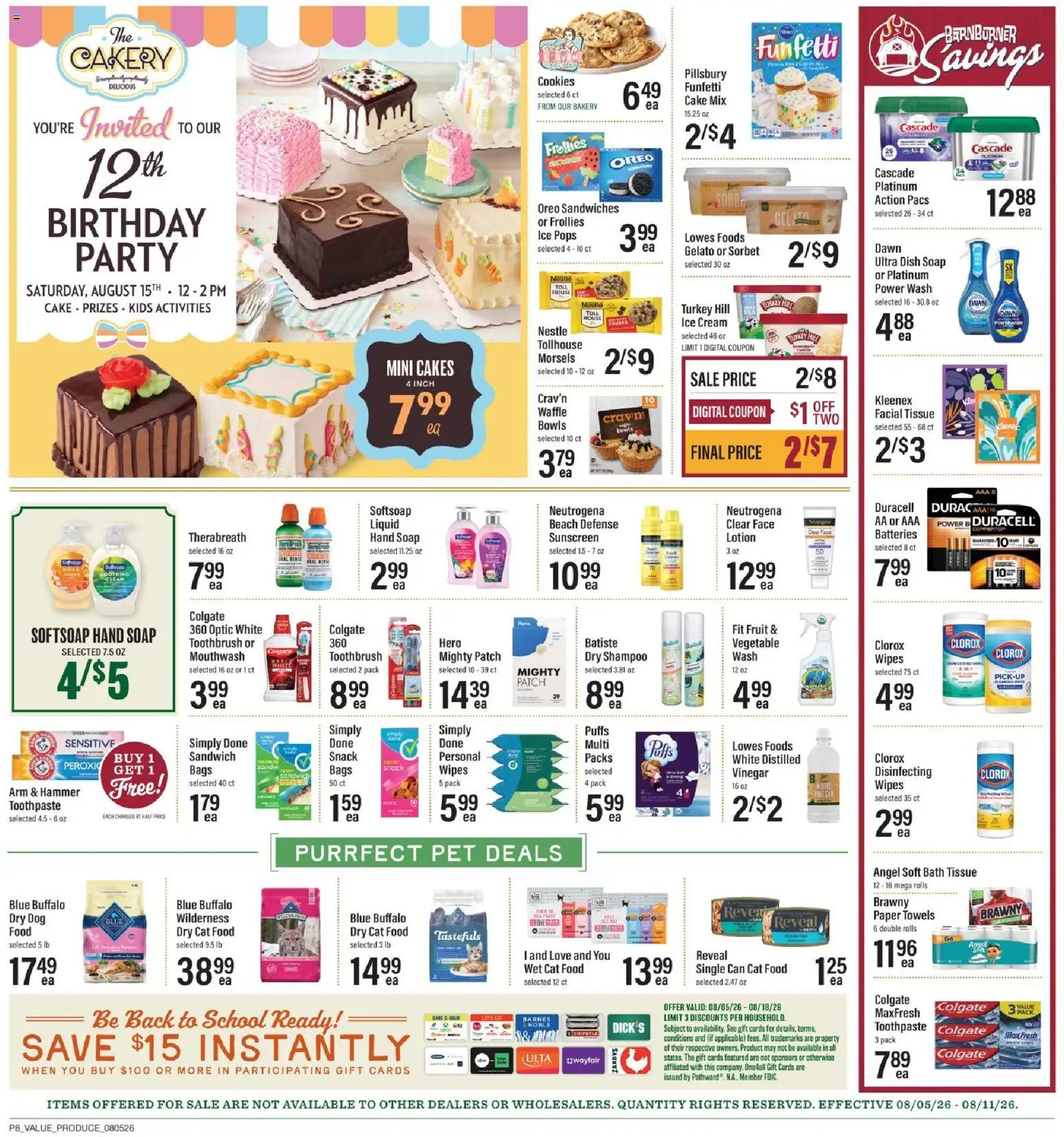 Lowes Foods Weekly Ad - NC - valid from 08/05/2026 | Page: 13 | Products: Cat Food, Sunscreen, Fruit, Paper towels