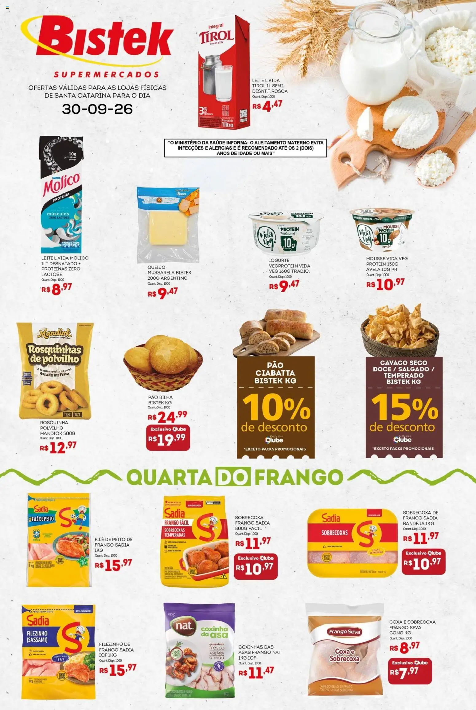 Bistek Supermercados Folheto - válido de 30/09/2026 | Página: 1 | Produtos: Mousse, Sobrecoxa de frango, Queijo, Frango