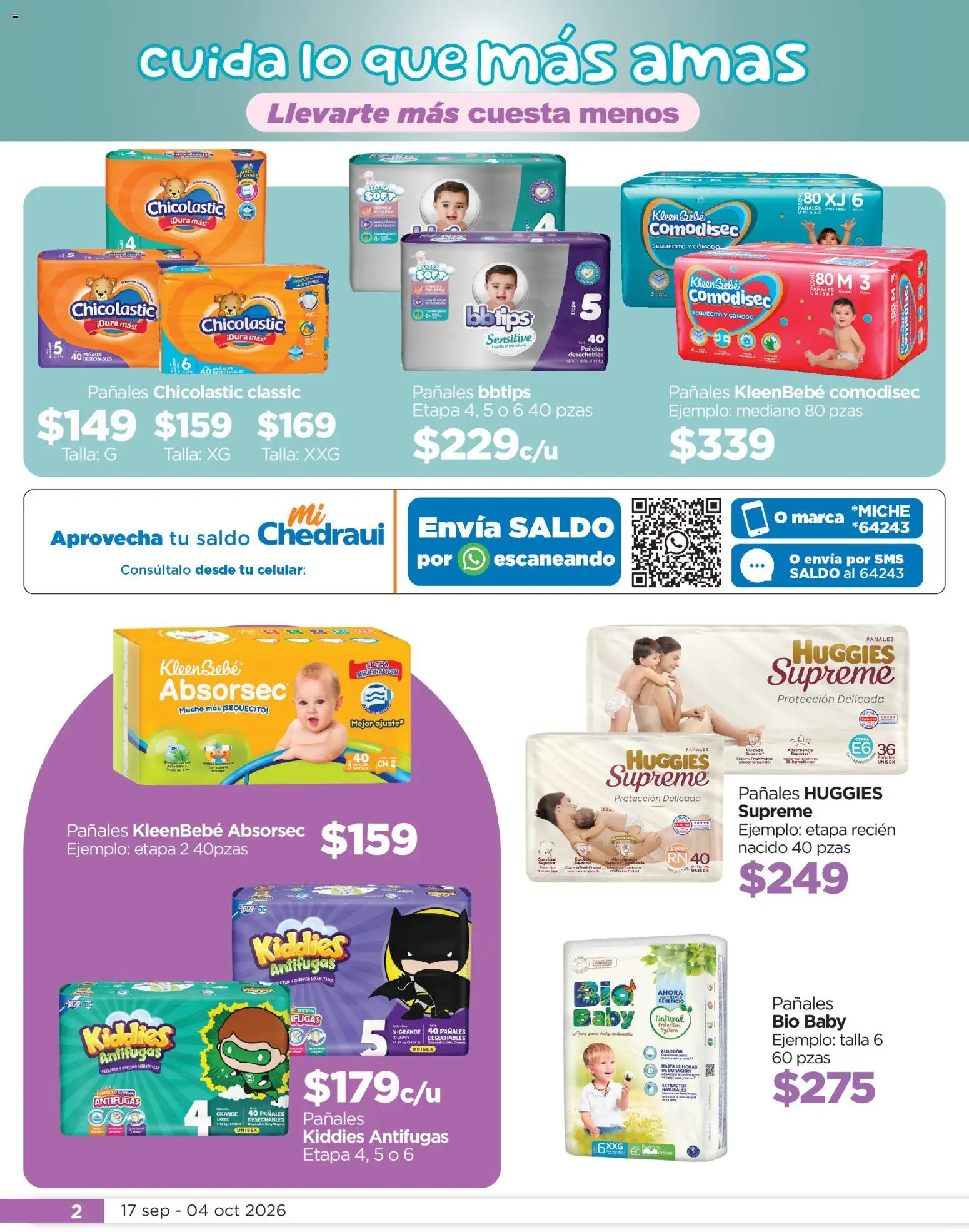 Nuevas ofertas de Chedraui válidas en toda la República Mexicana desde el 17/09/2026. ¡Encuentra las mejores ofertas en Chedraui folleto Cuida lo que más amas! | Página: 2 | Productos: Pañales, Algodón