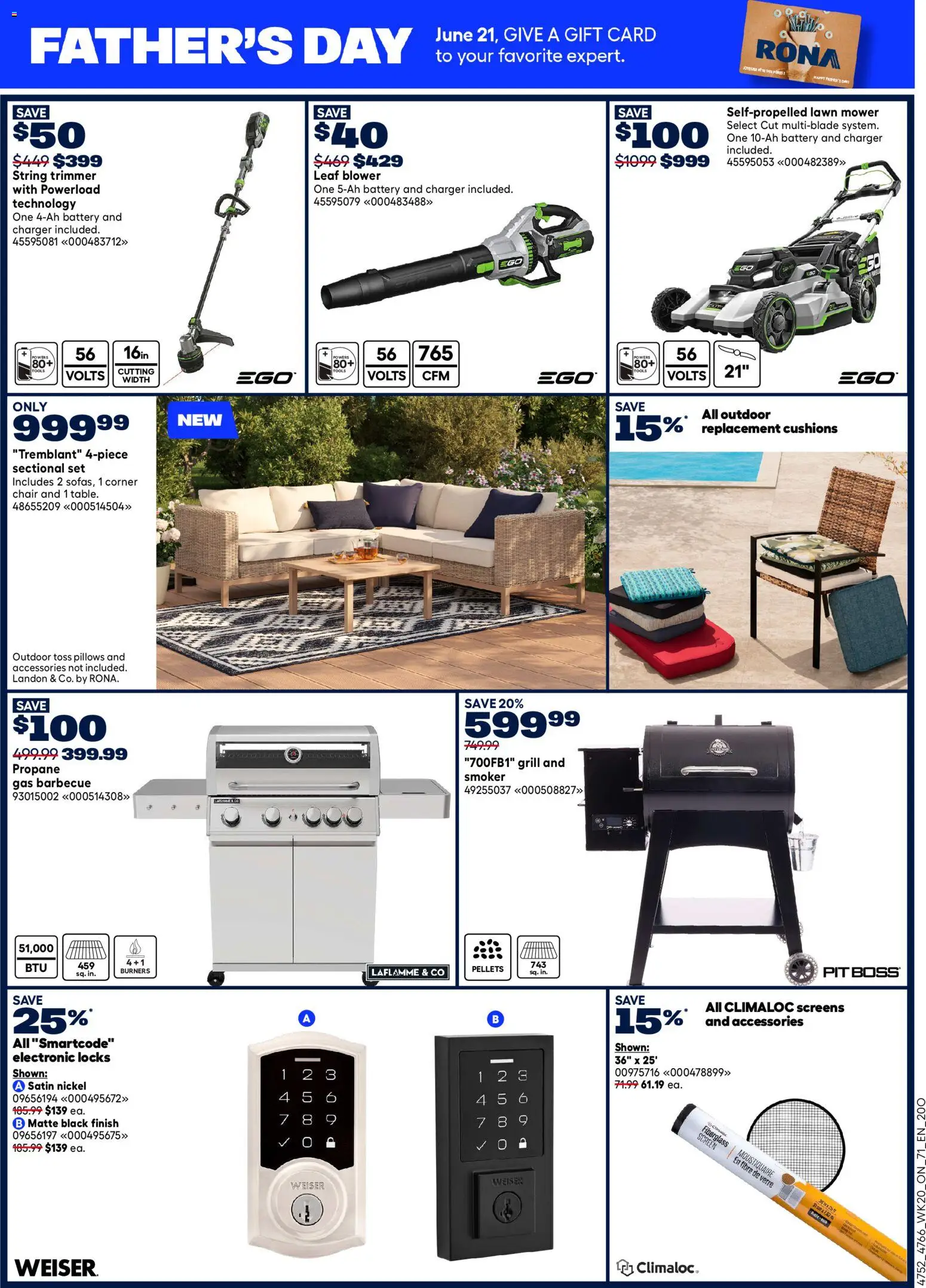 Rona flyer valid from 11.06.2026 | Page: 4 | Products: Grill, Mower, Chair, Battery