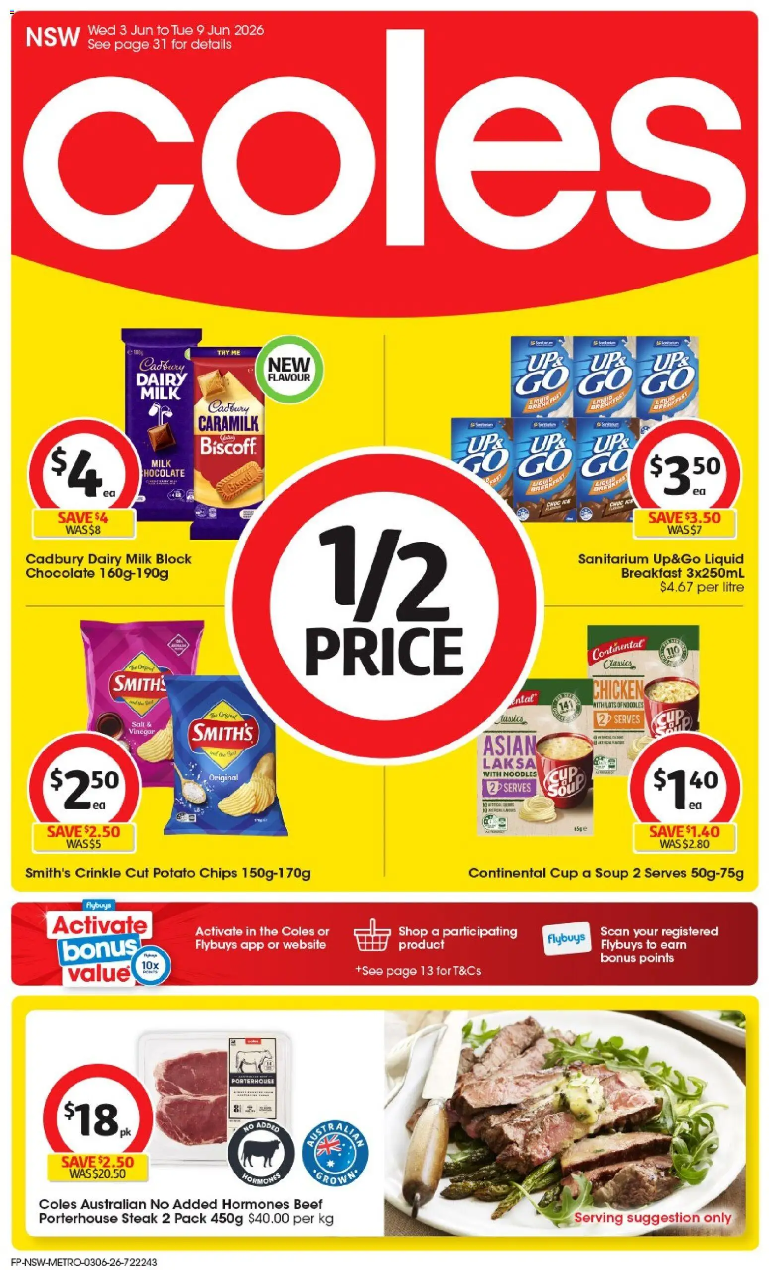 Coles catalogue - valid from 03.06.2026 | Page: 1 | Products: Milk, Noodles, Beef, Chips