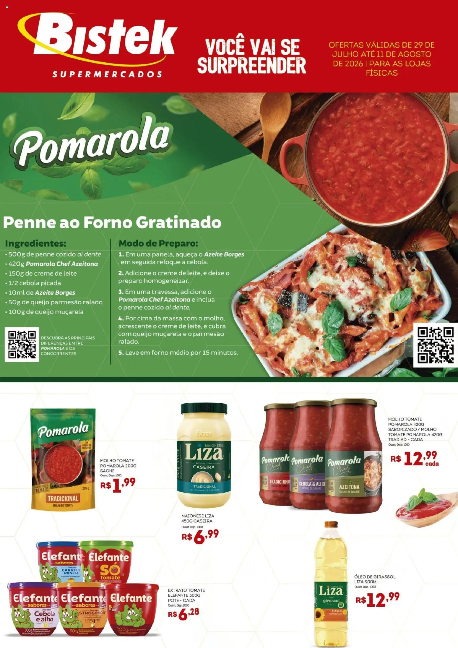 Bistek Supermercados Folheto - válido de 29/07/2026 | Página: 1 | Produtos: Molho de tomate, Parmesão, Base, Creme de leite