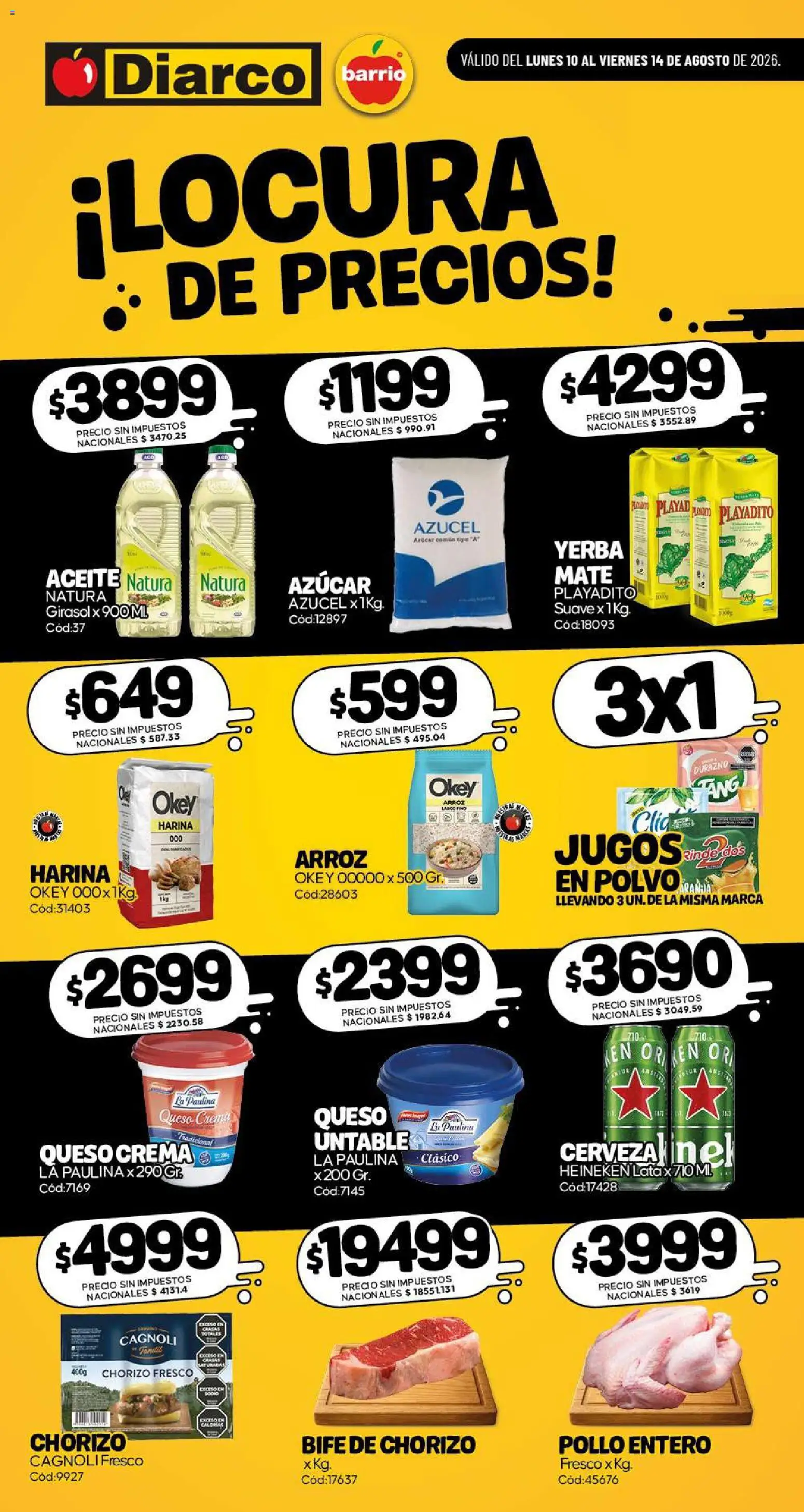 Diarco - Especial Locura De Precios │ válido desde el 10/08/2026 | Página: 1 | Productos: Bife de chorizo, Pollo entero, Yerba, Aceite