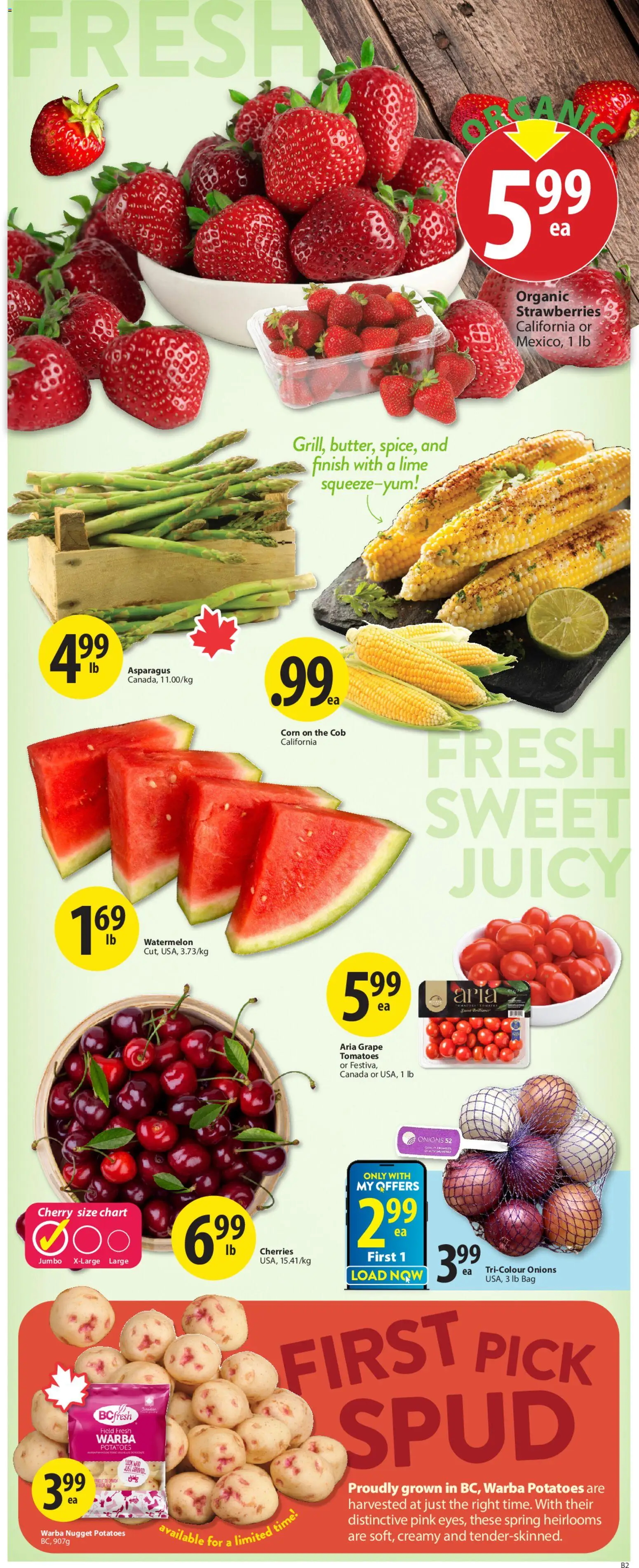 Save on foods flyer valid from 11.06.2026 | Page: 2 | Products: Strawberries, Potatoes, Bag, Tomatoes