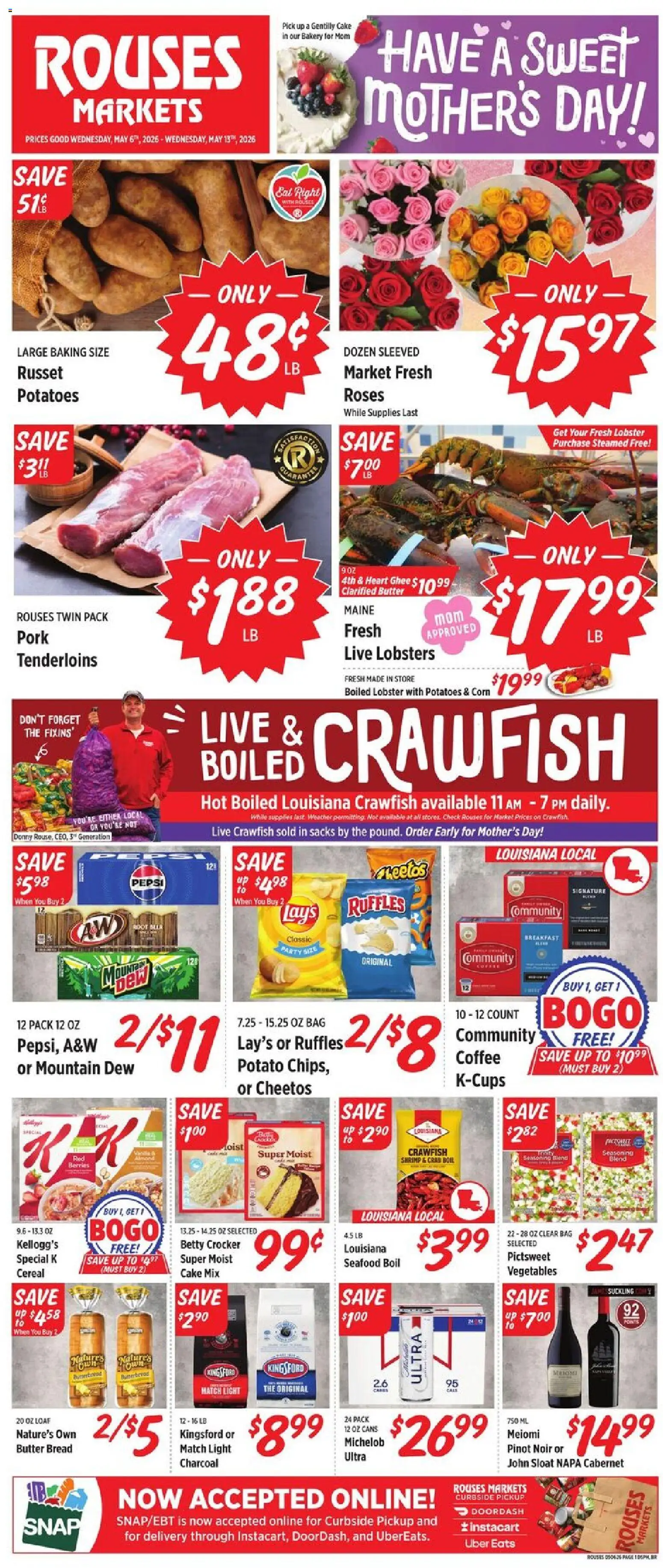 Rouses Weekly Ad - valid from 06.05.2026 | Page: 2 | Products: Butter, Bread, Coffee, Seafood