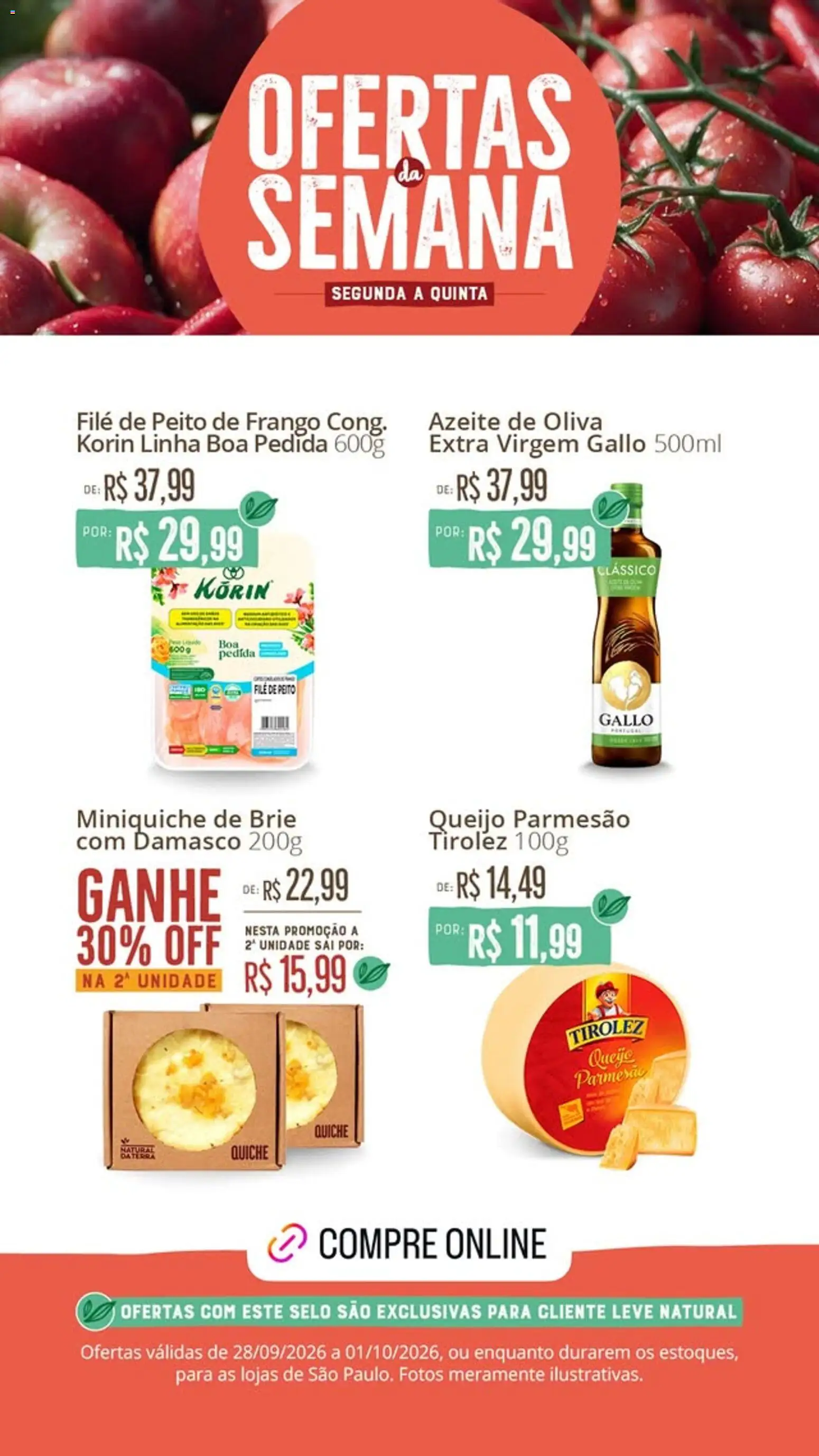 Natural da Terra Folheto - válido de 28/09/2026 | Página: 2 | Produtos: Damasco, Queijo parmesão, Azeite de oliva, Azeite