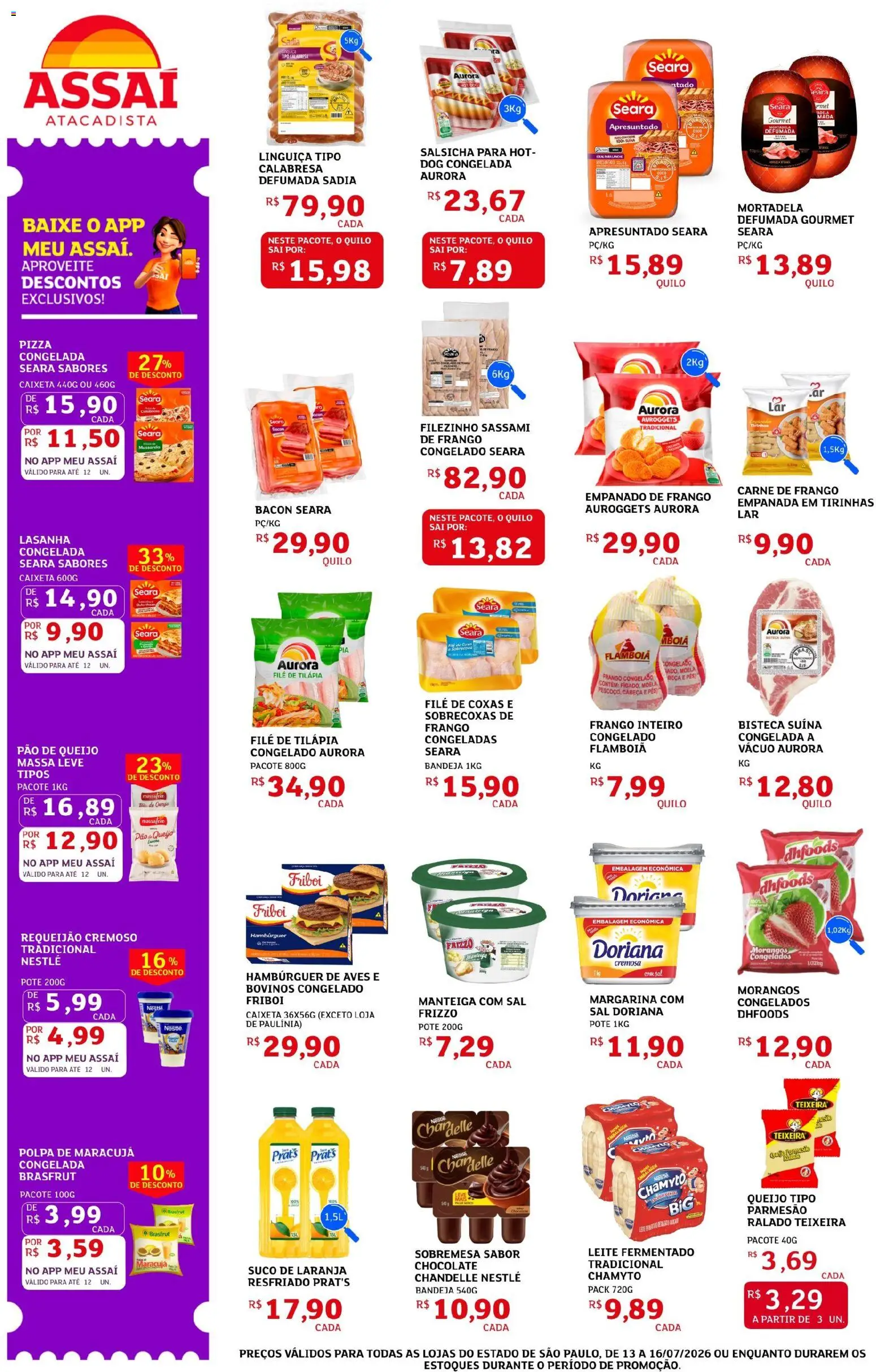Assaí Atacadista Folheto - válido de 13/07/2026 | Página: 4 | Produtos: Moela, Pizza, Hambúrguer, Mussarela