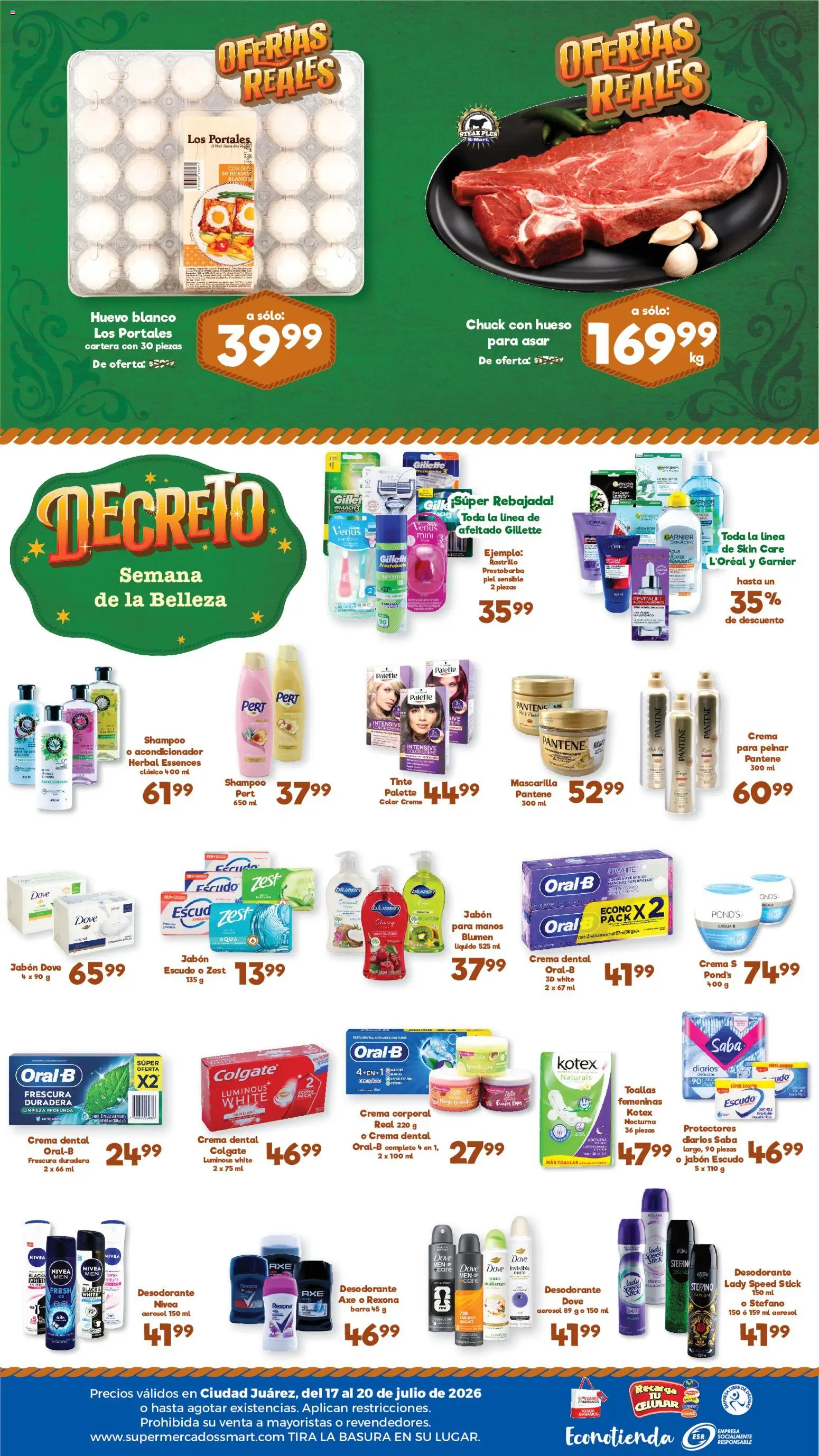 Nuevas ofertas de S-Mart válidas en toda la República Mexicana desde el 17/07/2026. ¡Encuentra las mejores ofertas en S-Mart folleto Ofertas de feria Juárez! | Página: 2 | Productos: Huevo, Huevos, Toallas, Crema corporal