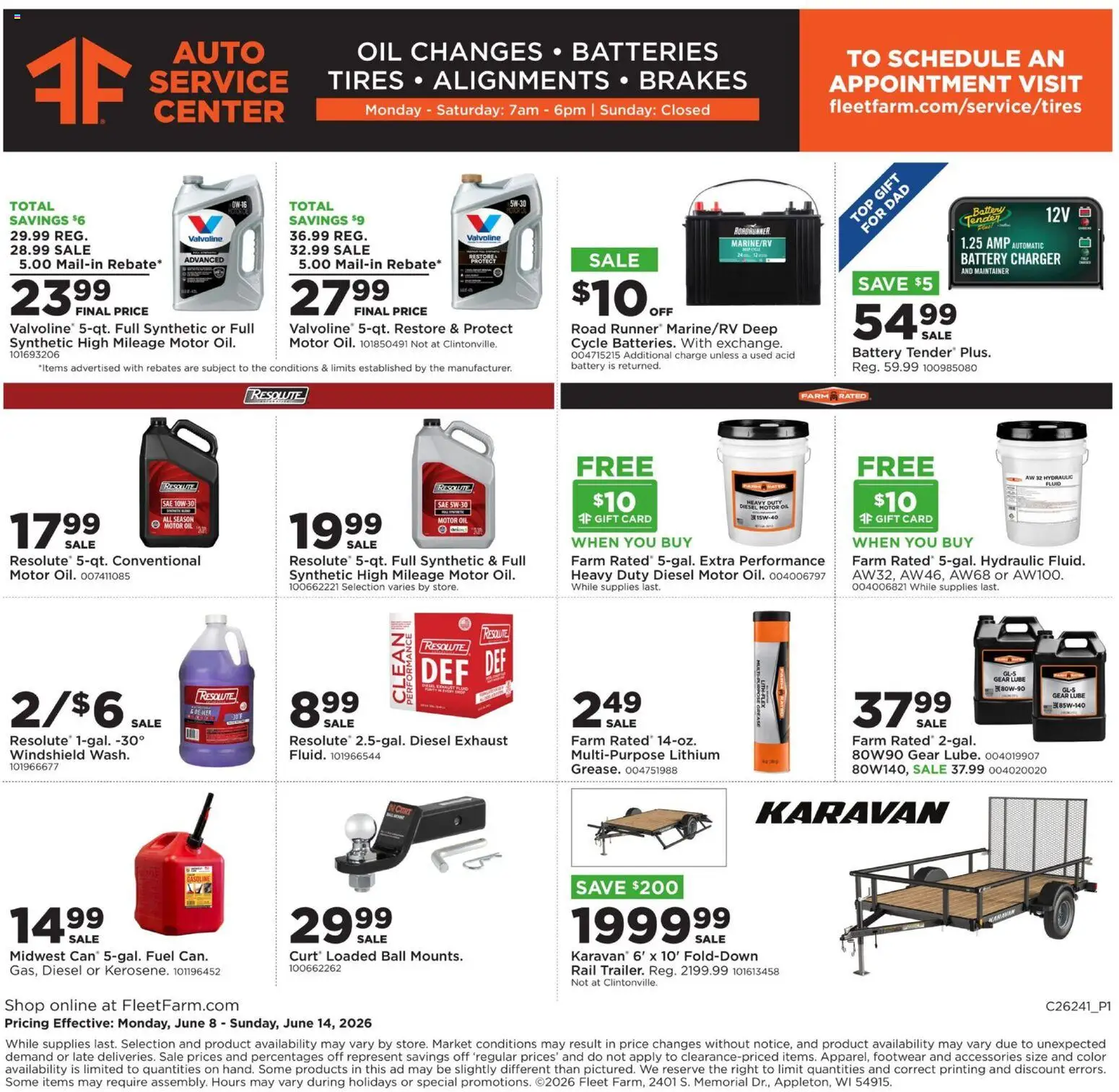 Mills Fleet Farm Weekly Ad - valid from 08.06.2026 | Page: 32 | Products: Battery, Oil, Windshield, Charger