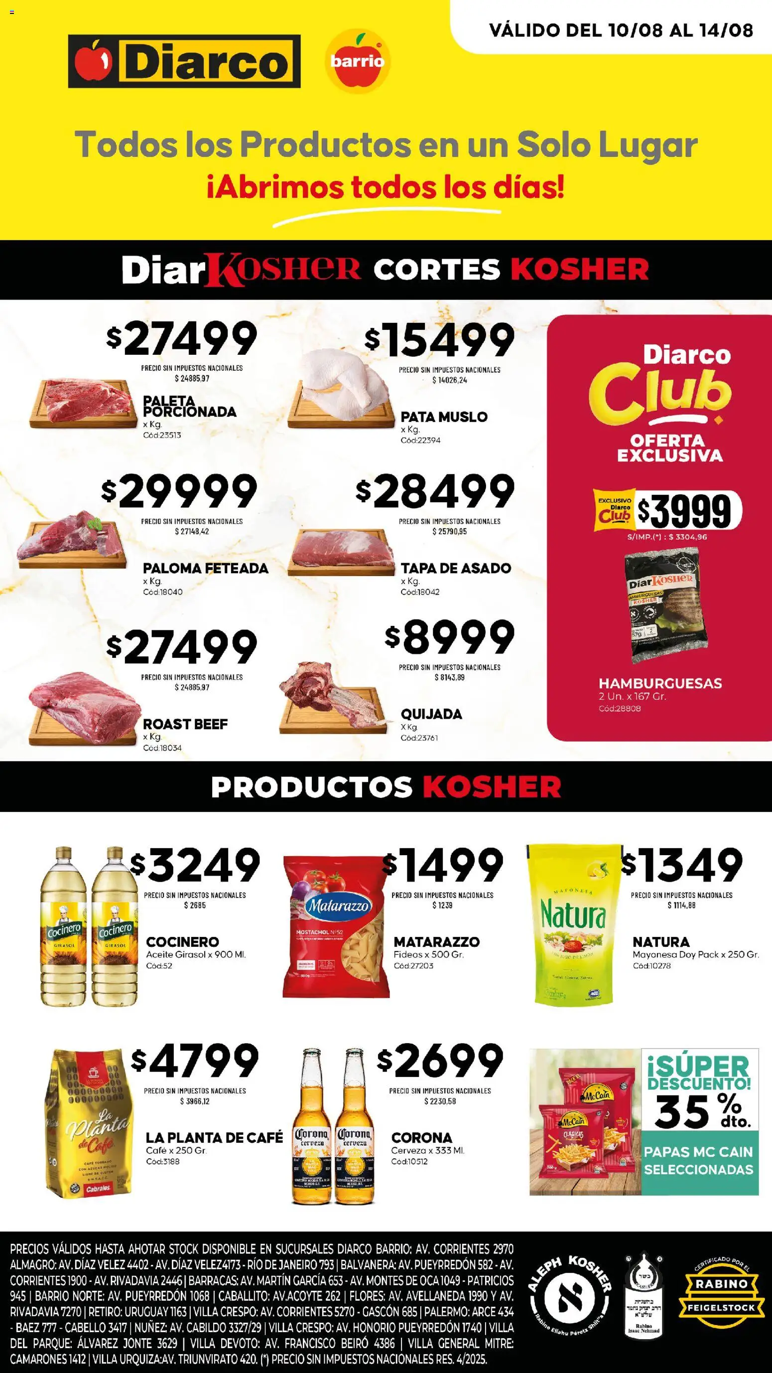 Diarco - Ofertas Kosher │ válido desde el 10/08/2026 | Página: 1 | Productos: Azucar, Aceite, Mayonesa, Papas