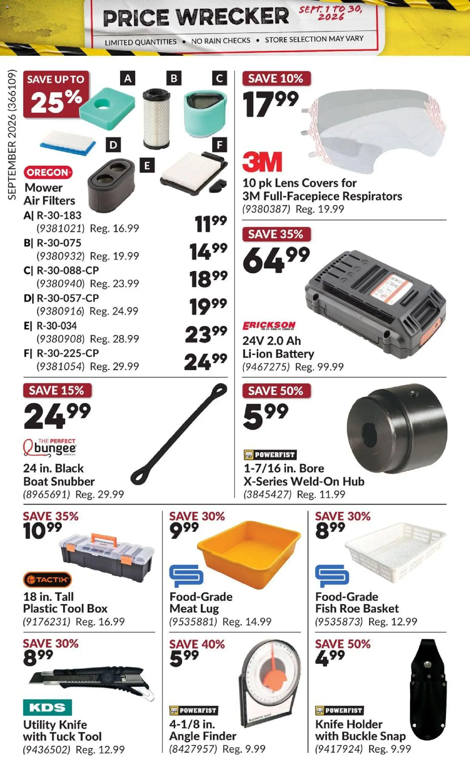 Princess Auto flyer valid from Sep 1, 2026 | Page: 6 | Products: Fish, Meat, Battery, Basket