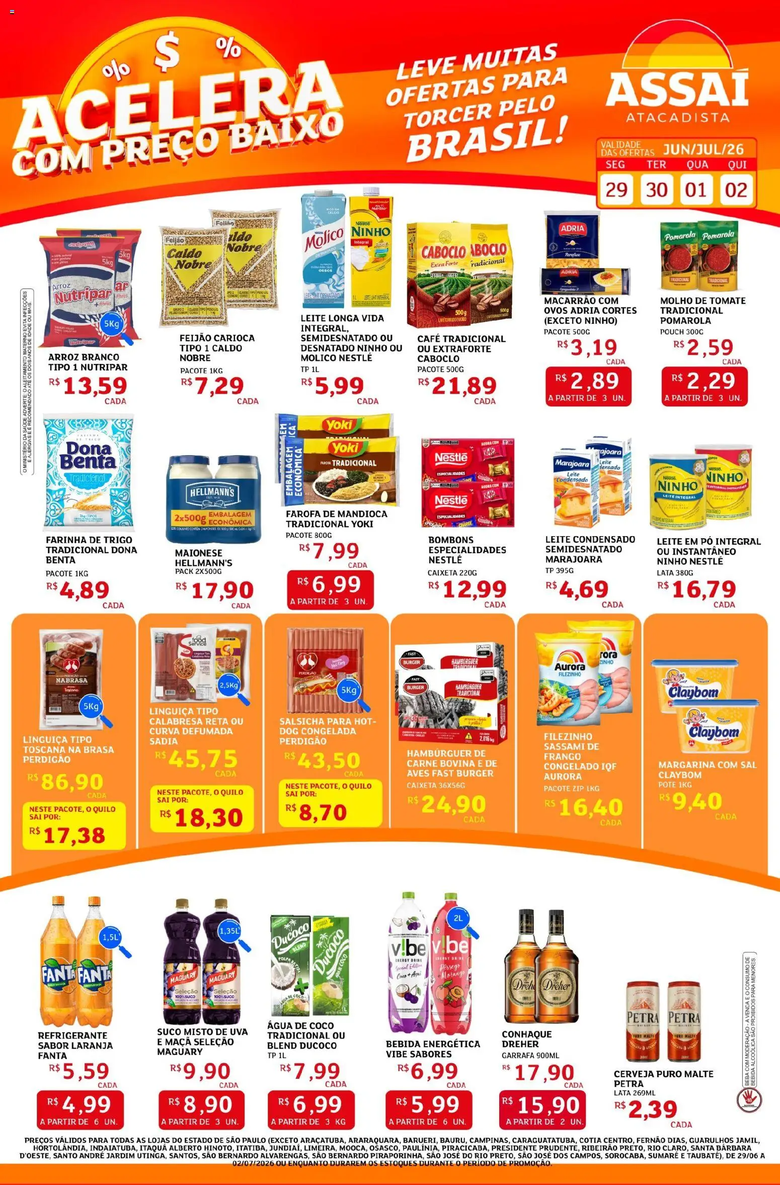 Assaí Atacadista Folheto - válido de 29/06/2026 | Página: 1 | Produtos: Pêssego, Conhaque, Leite, Sal