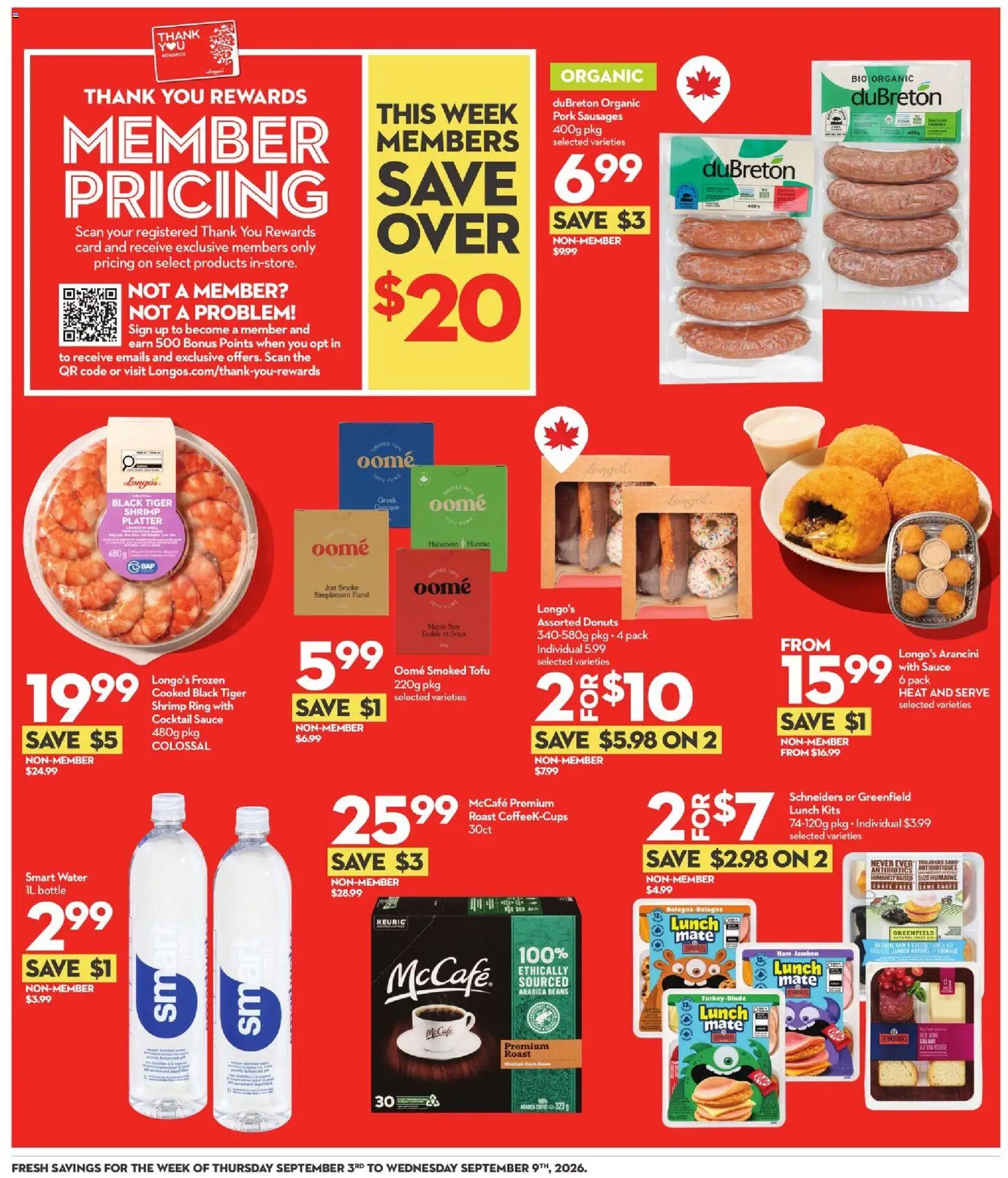 Longo's flyer valid from Sep 3, 2026 | Page: 4 | Products: Water, Roast, Red wine, Cheese